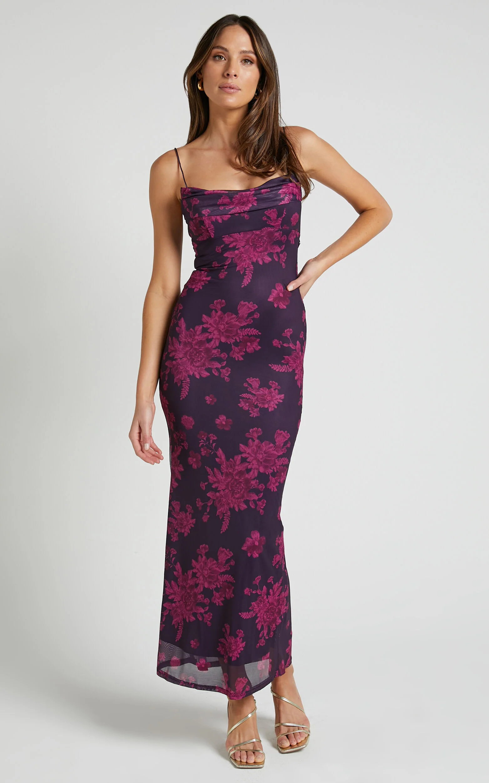 Ariel Midi Dress - Mesh Bodycon Tie Detail Dress in Purple Floral