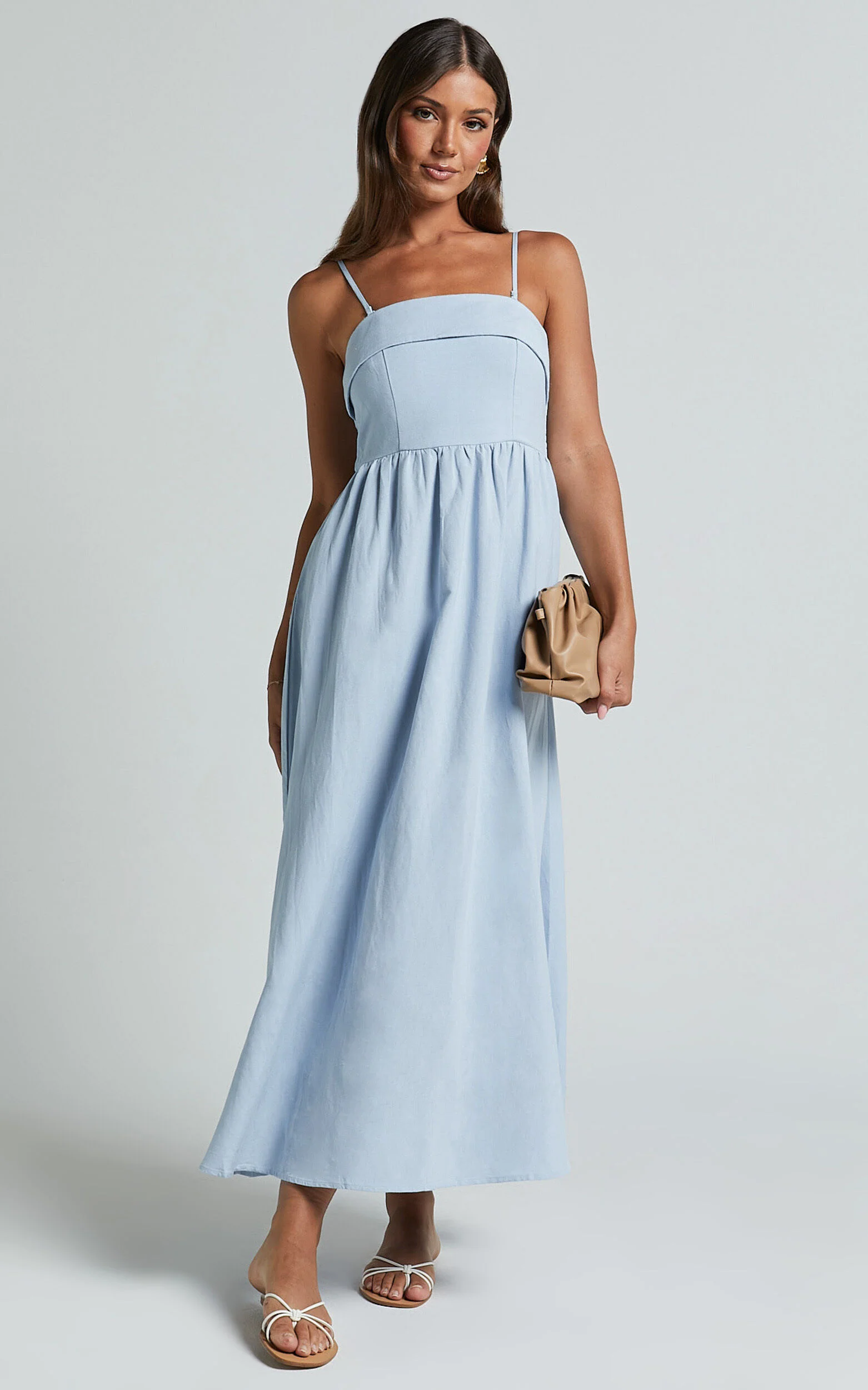 Carlyn Midi Dress - Linen Detachable Straps in Blue