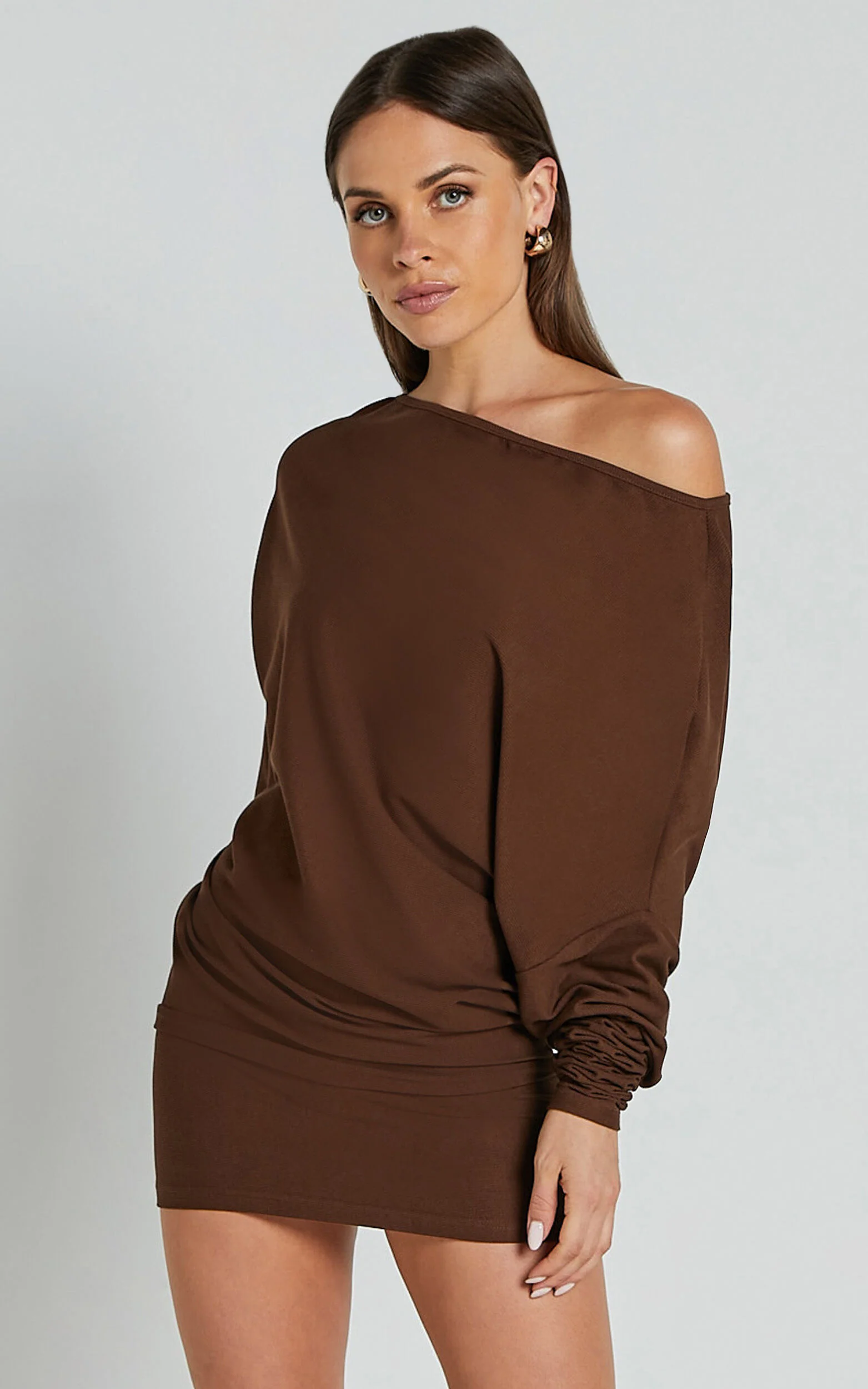 Fermina Mini Dress - Long Sleeve Bodycon Dress in Chocolate