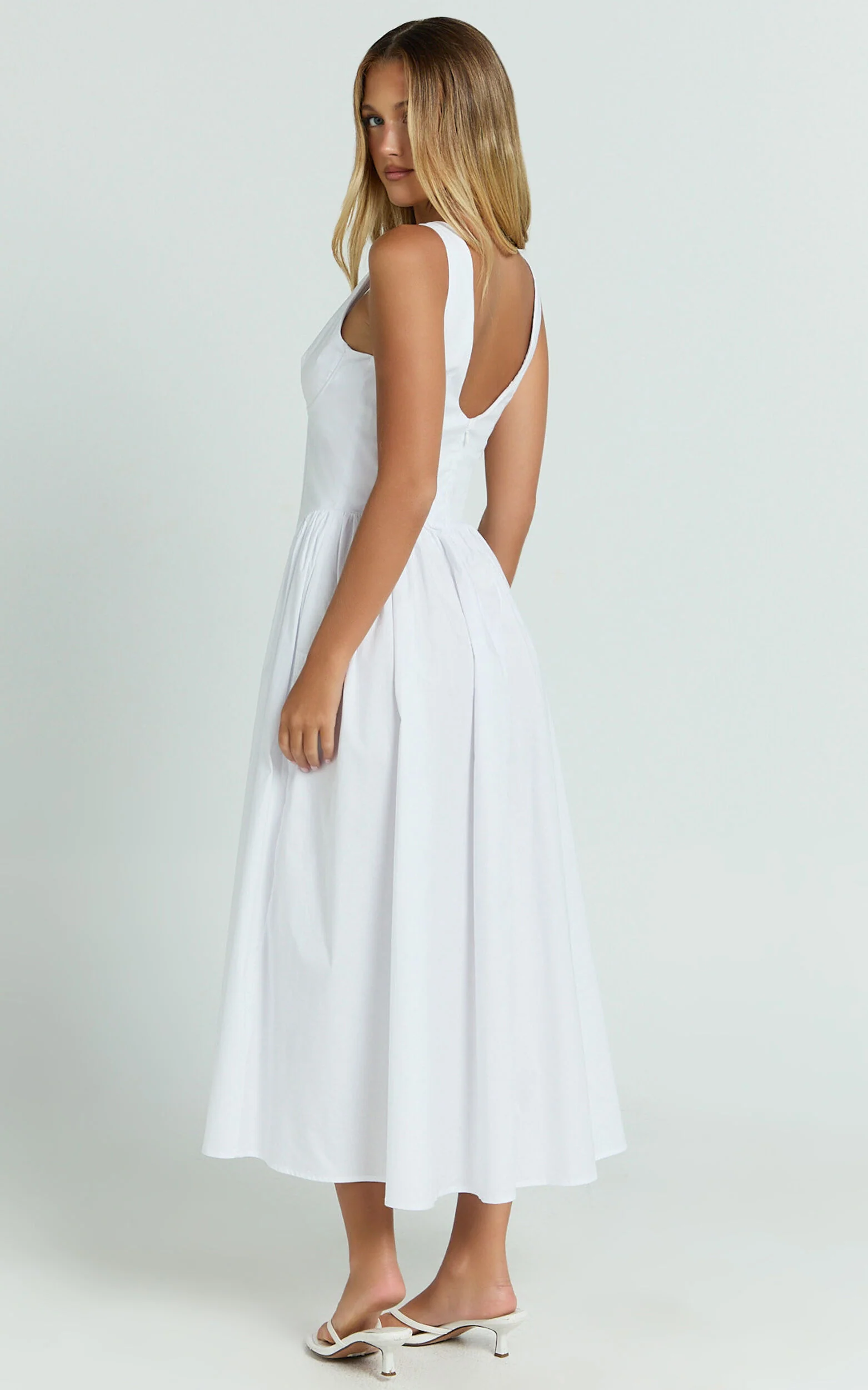 Beckett Midi Dress - Scoop Neck Drop V Waist Gathered Skirt Dress in White