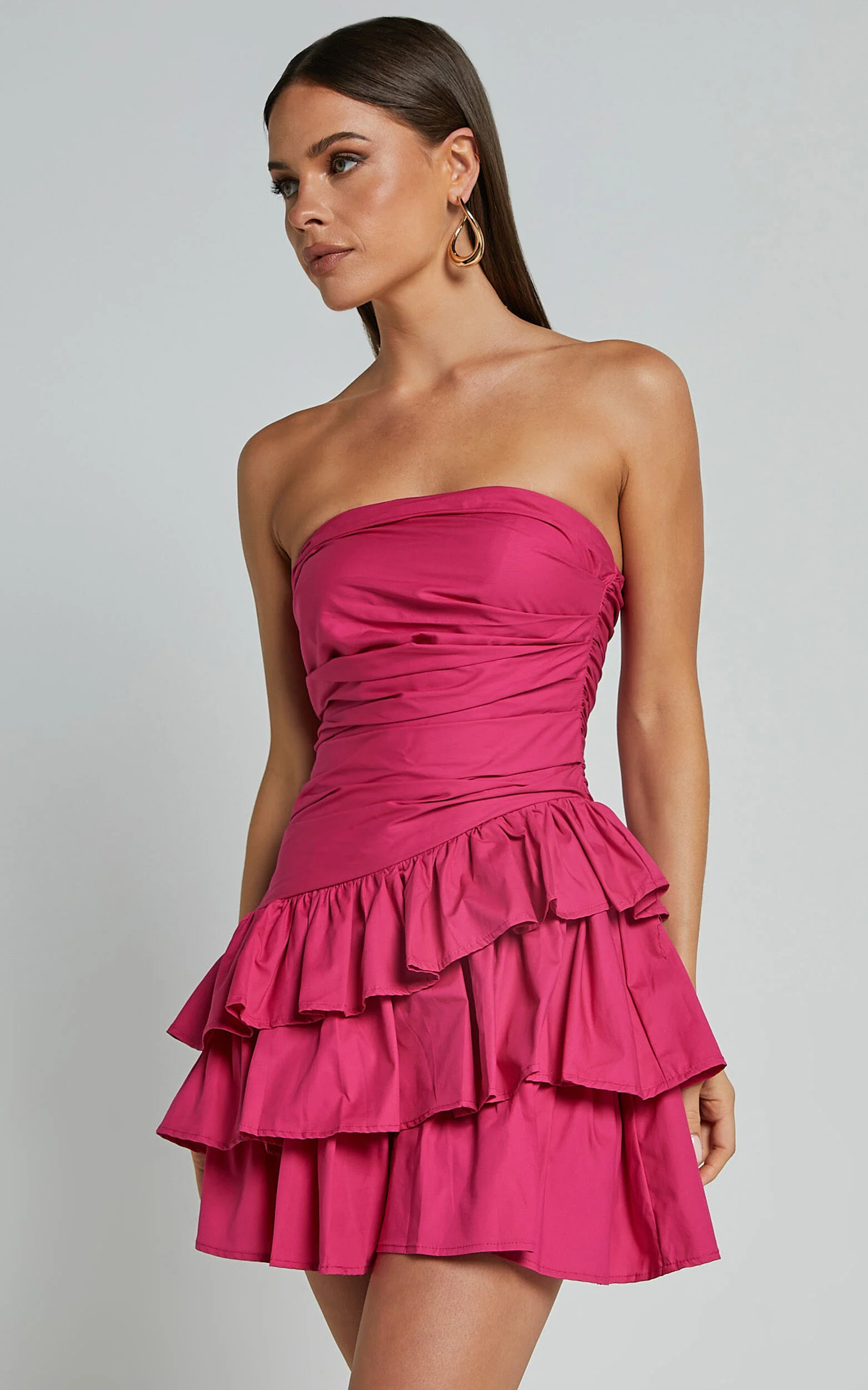 Emerie Mini Dress - Strapless Ruffle Skirt Dress in Pink