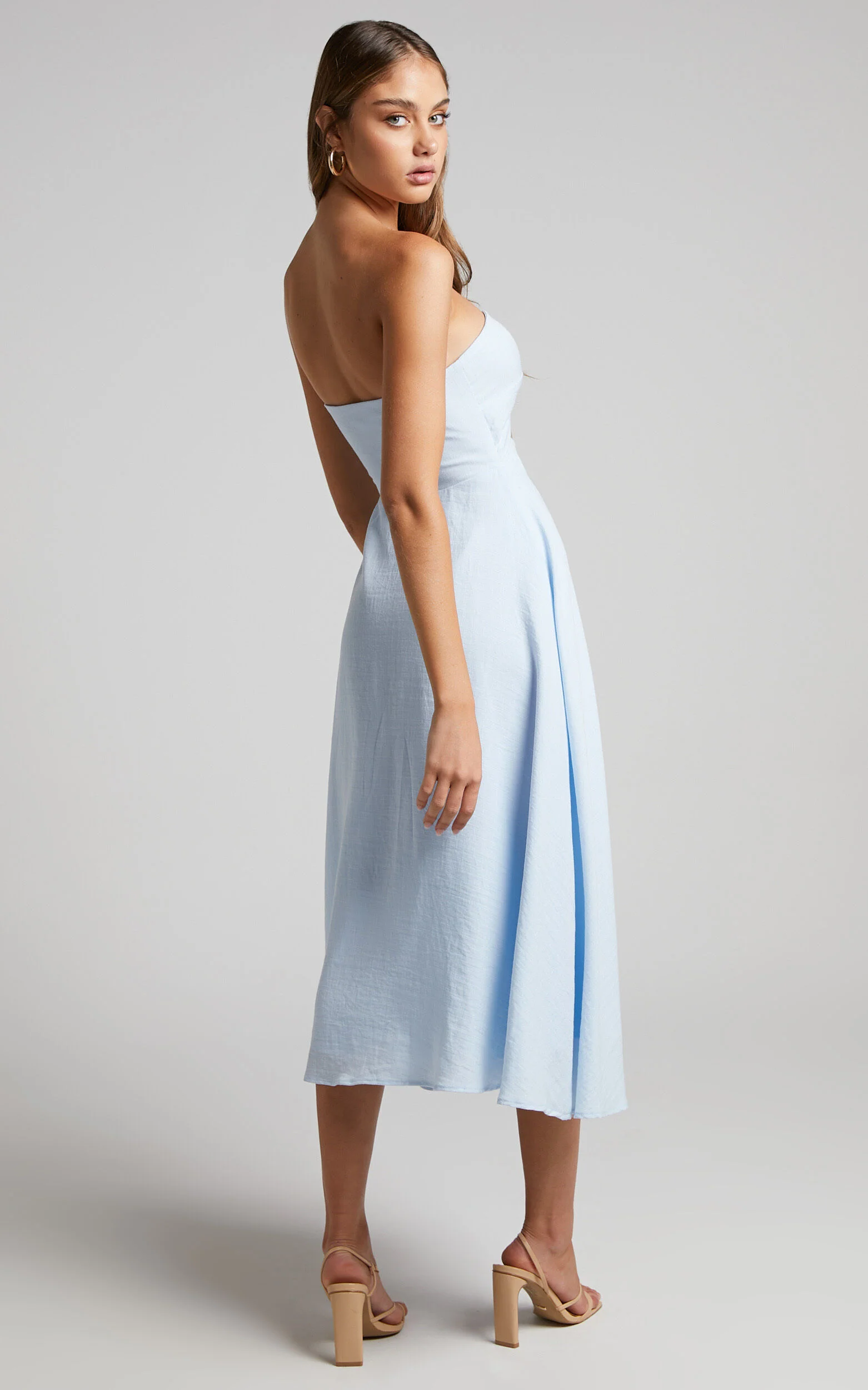 Avie Midi Dress - Twist Strapless Cocktail Dress in Ice Blue