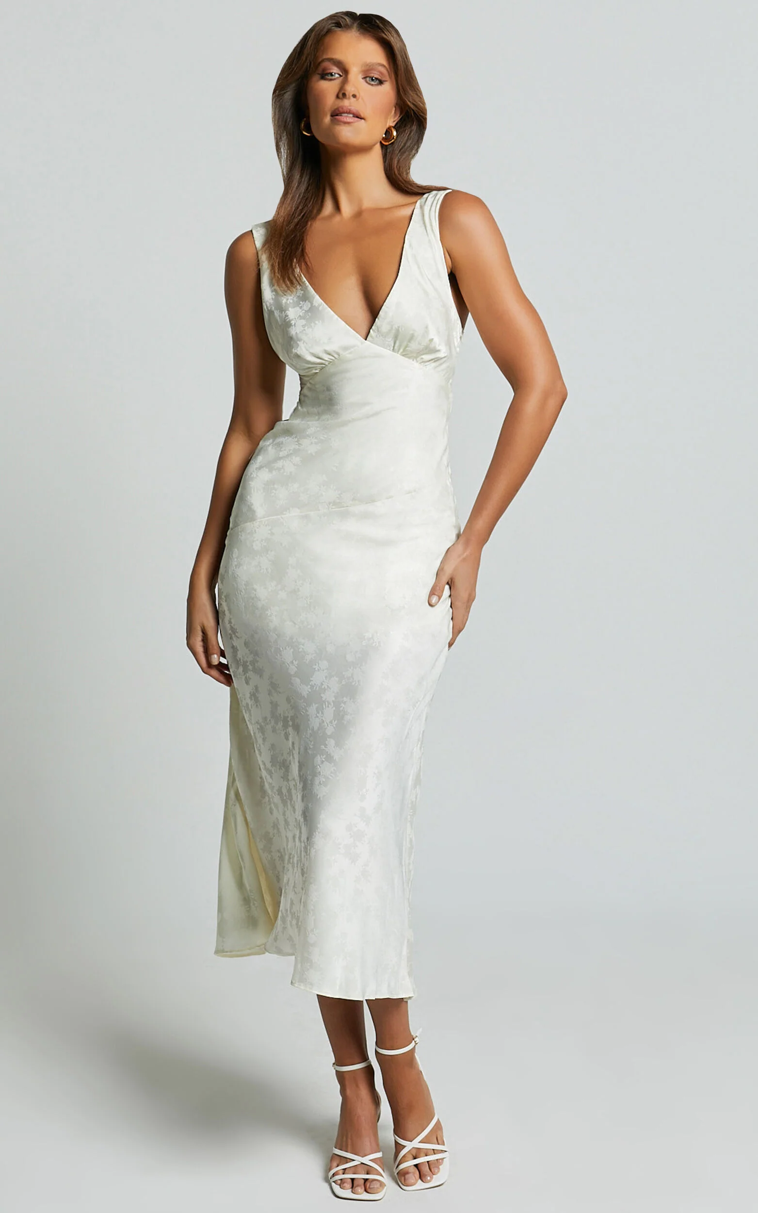 Cohen Midi Dress - Jacquard Satin Midi Dress in Cream