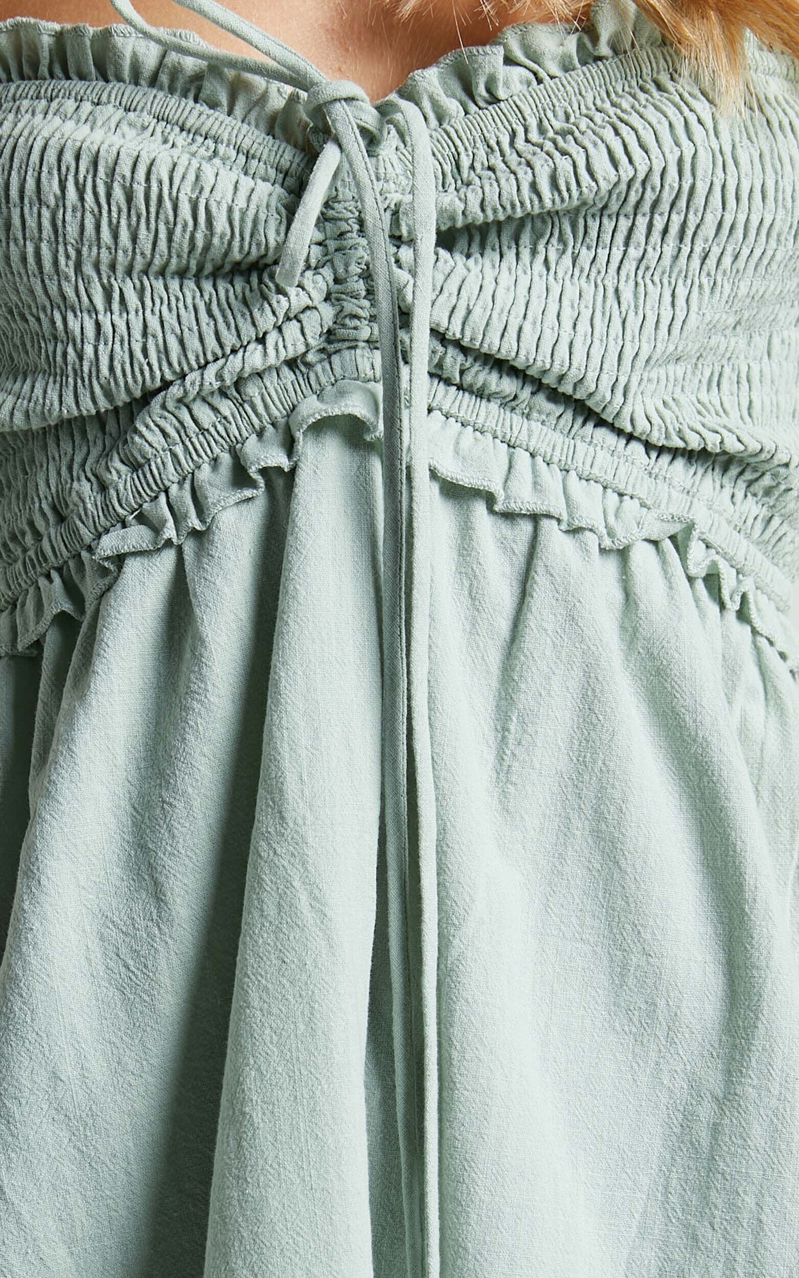 Nikka Midi Linen Dress - Shirred Off Shoulder Puff Sleeve Dress in Sage