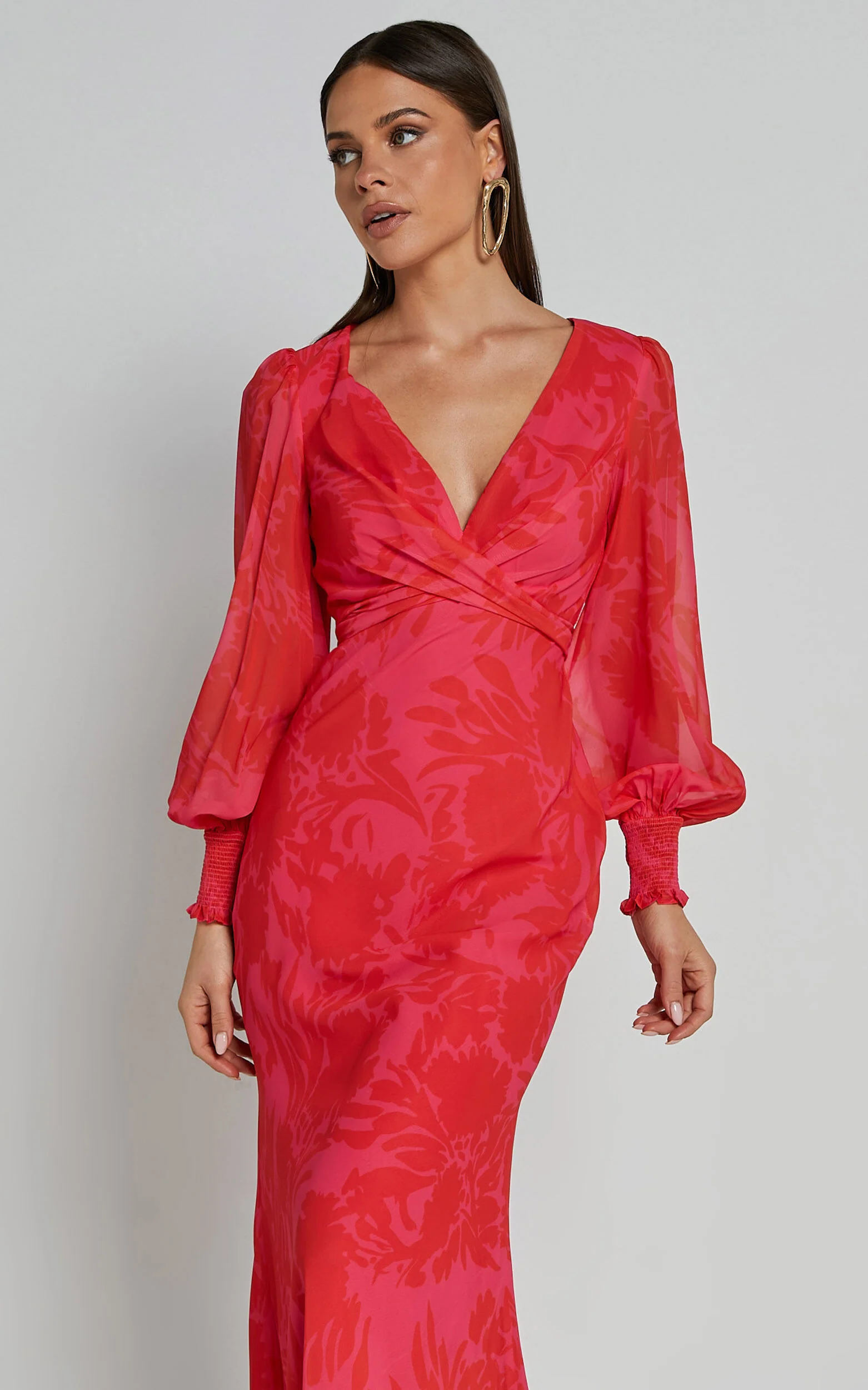 Claude Midi Dress - Deep V Neck Long Sleeve Slip Dress in Print