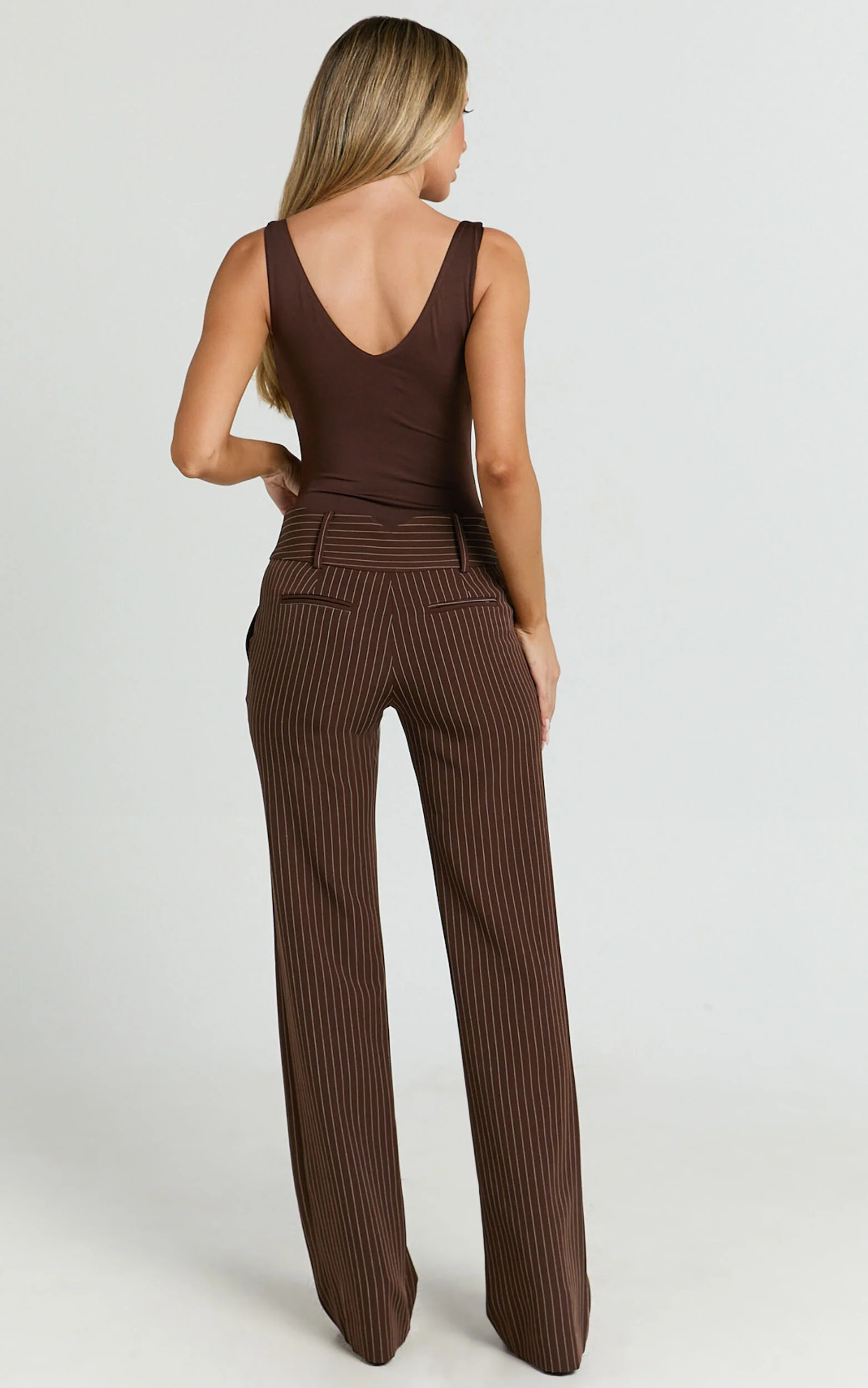 Elliot Pants - Mid Rise Pinstripe Bootleg Pants in Brown Stripe