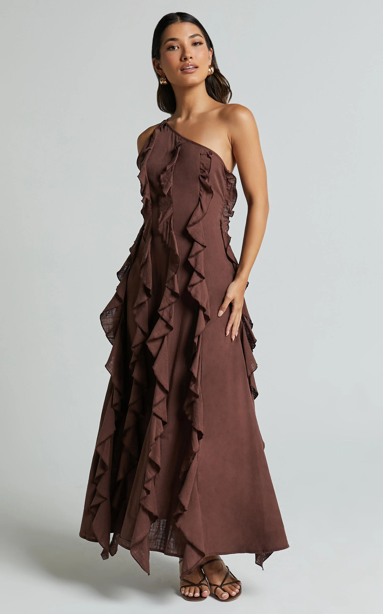 Britney Maxi Linen Dress - One Shoulder Ruffle Detail Dress in Chocolate