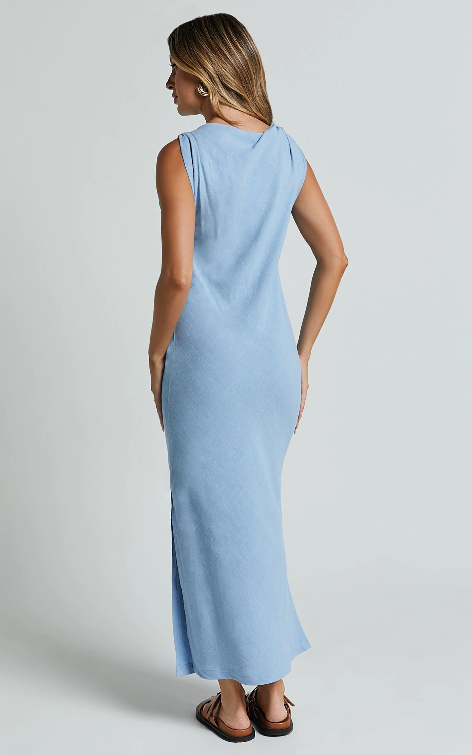 Jessenia Midi Dress - Linen High Neck Dress in Blue