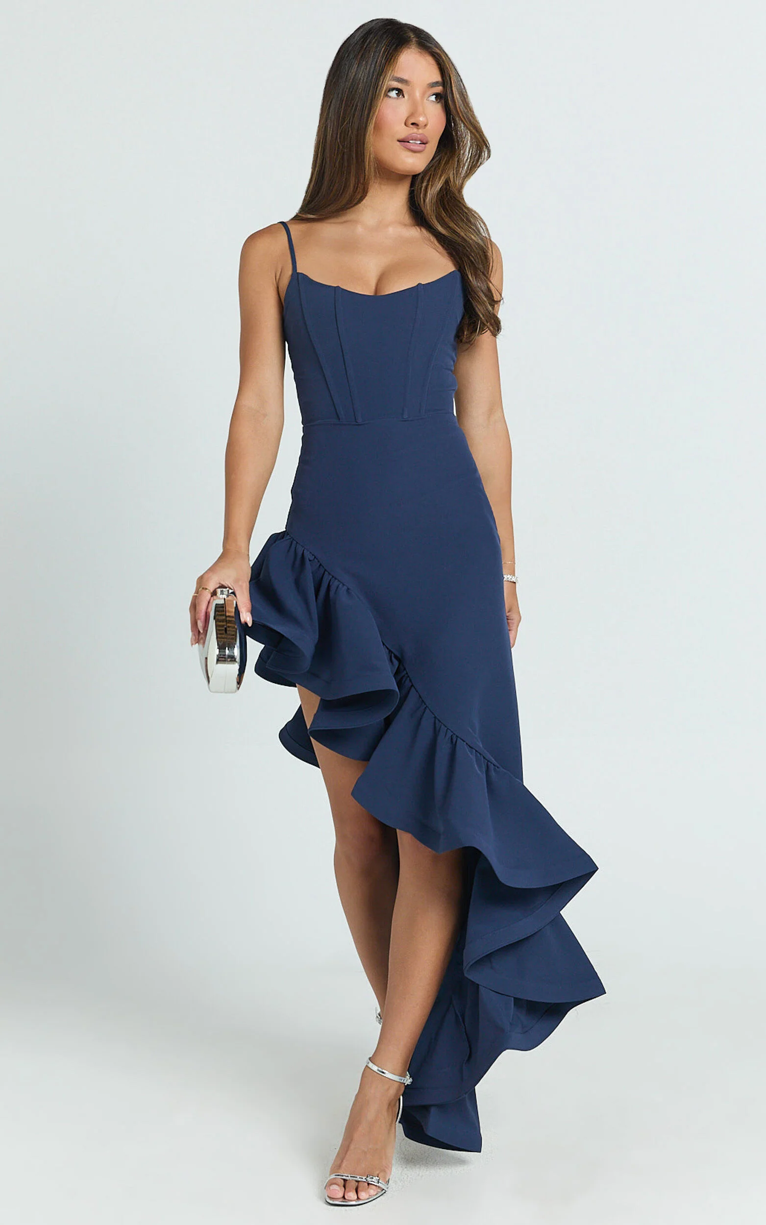 Maura Maxi Dress - Scoop Neckline Ruffle High Low Dress in Navy