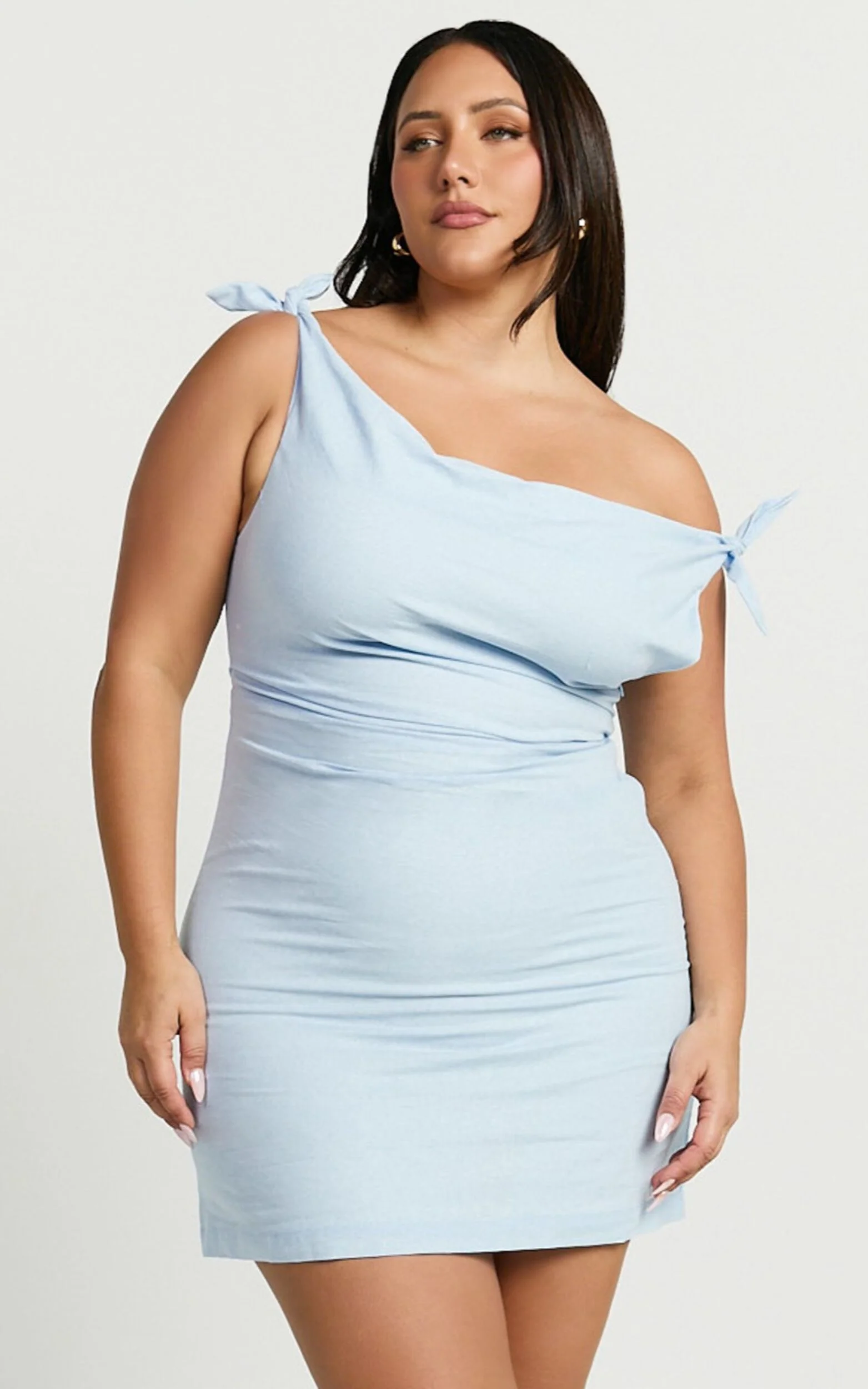 Jeofina Mini Dress - Off The Shoulder Linen Look Dress in Pale Blue