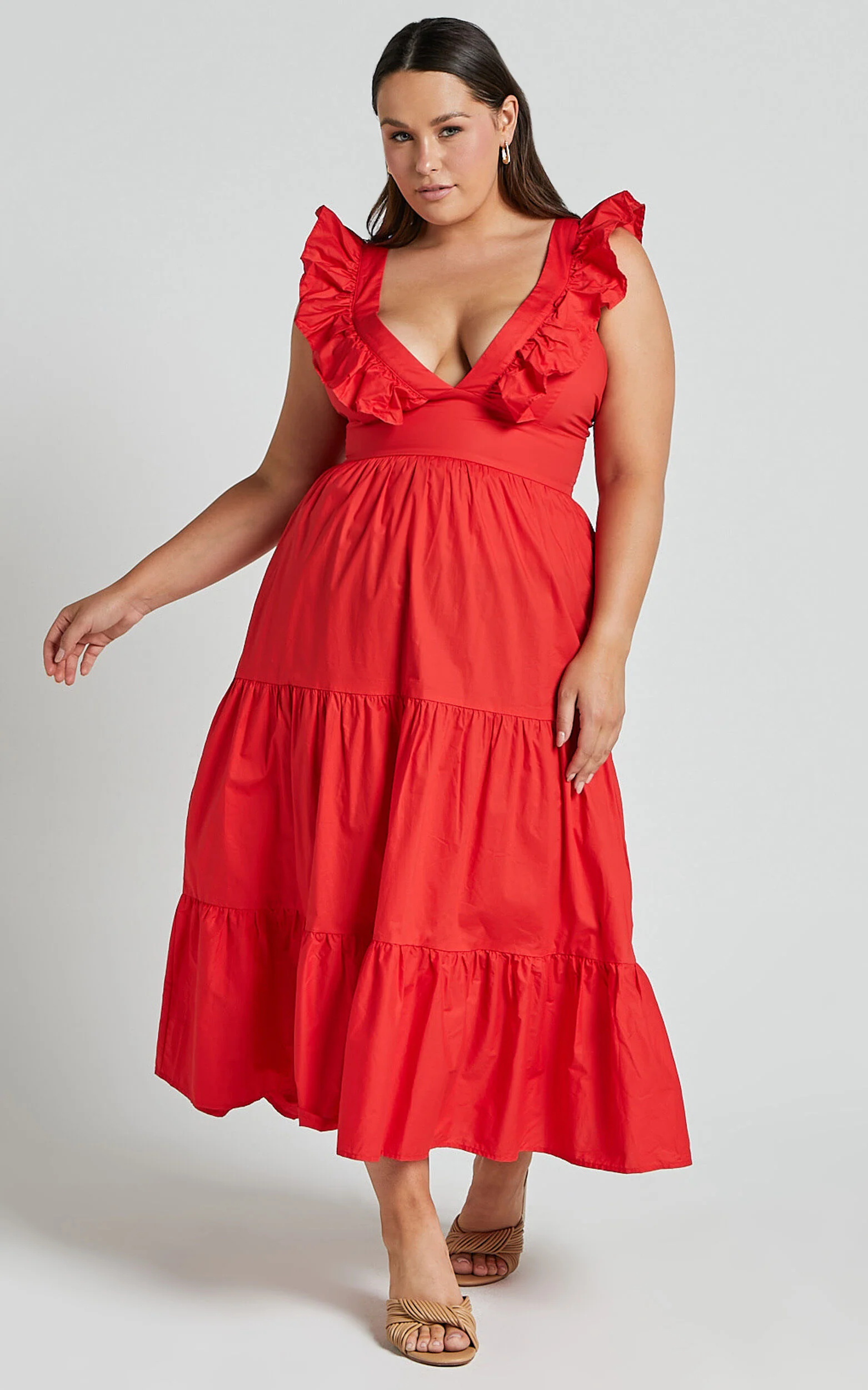Levona Midi Dress - Ruffle Shoulder Tiered Dress in Cherry Tomato