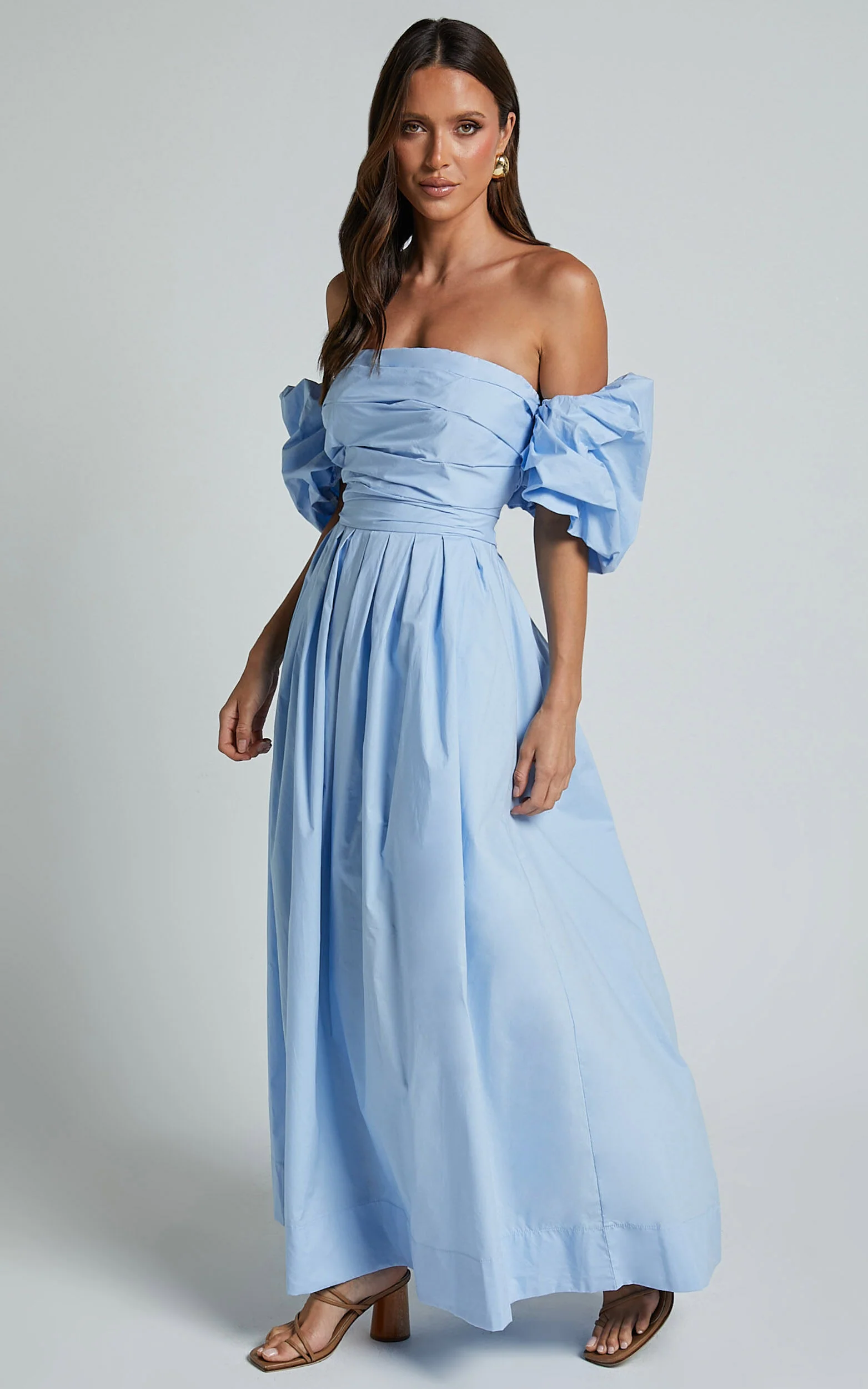 Annie Midi Dress - Off The Shoulder Ruffle Sleeve Pleated Dress in Pale Blue