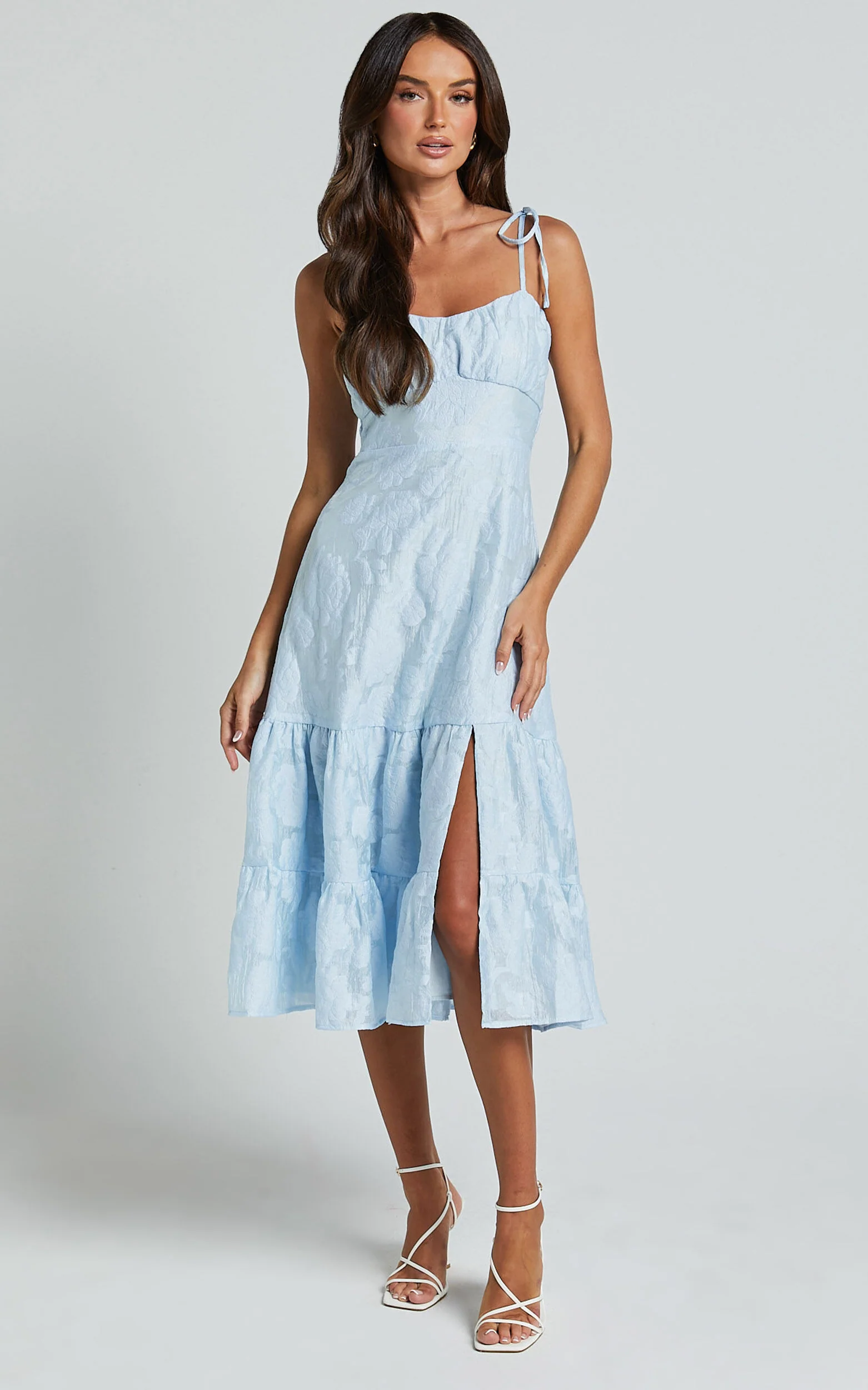 Jovena Midi Dress - Gathered Bodice Tiered Dress in Blue