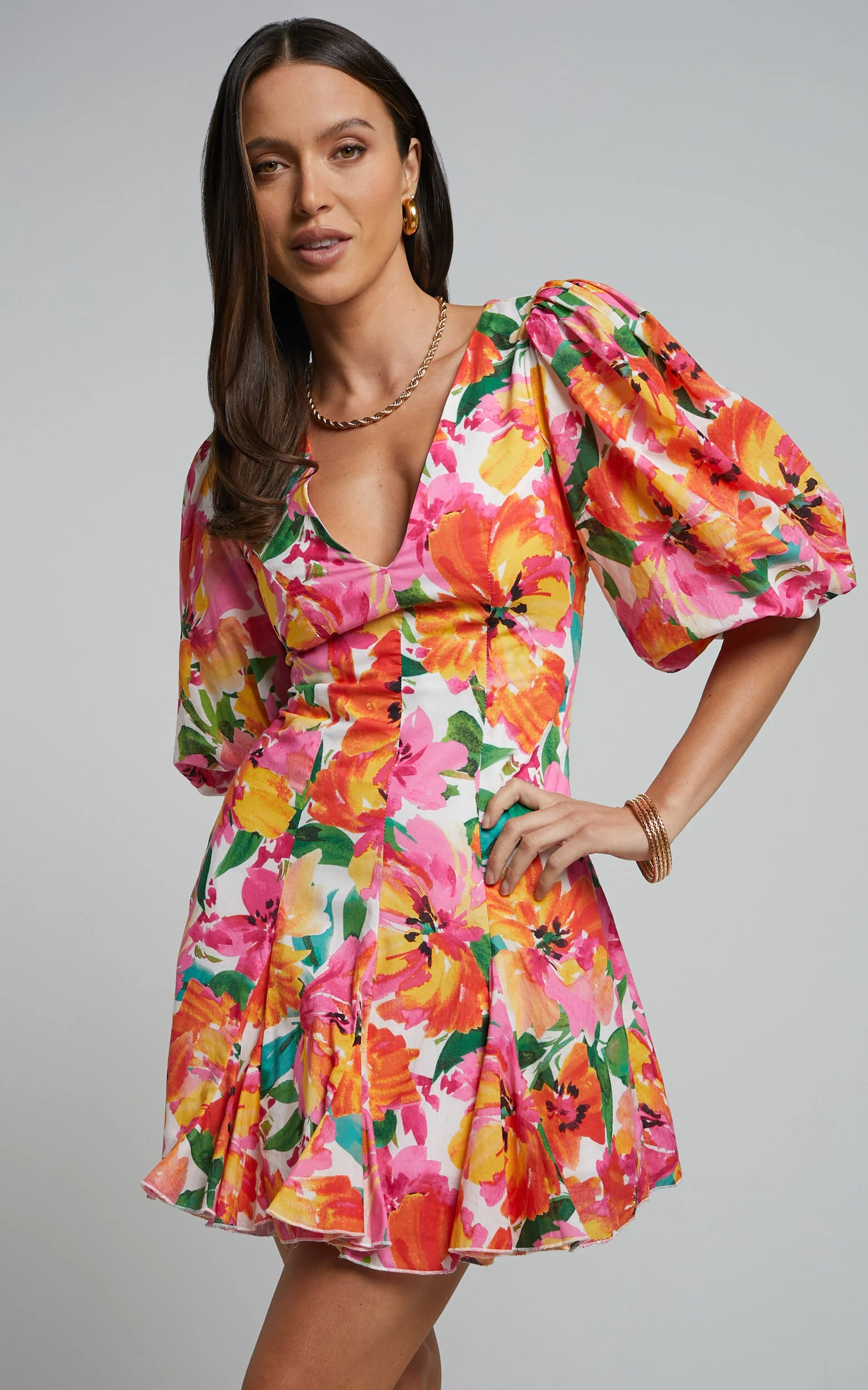 Shairah Mini Dress - V Neck Puff Sleeve Flutter Hem Dress in In Bloom