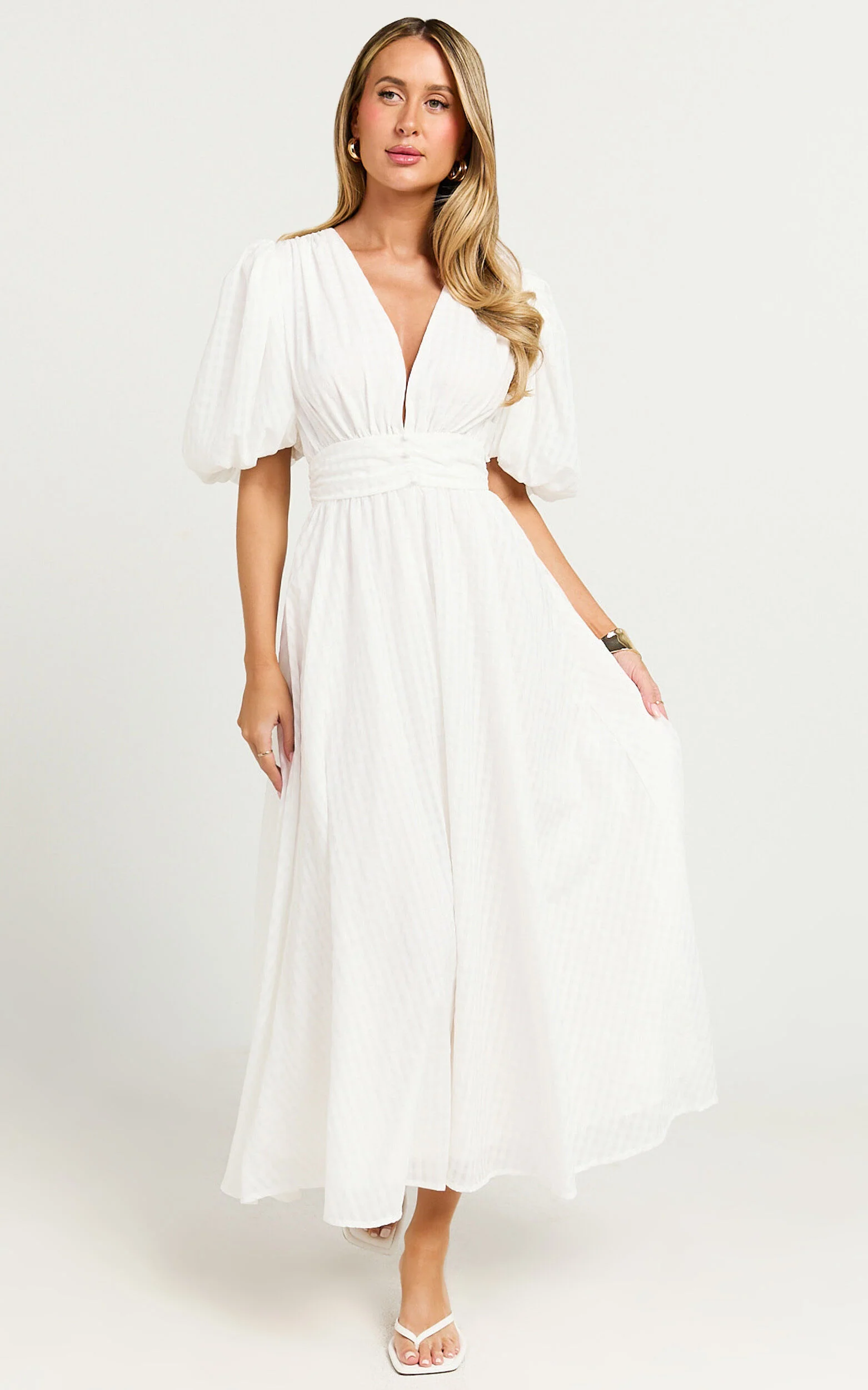 Xandy Midi Dress - Textured Puff Sleeve Plunge Dress in White