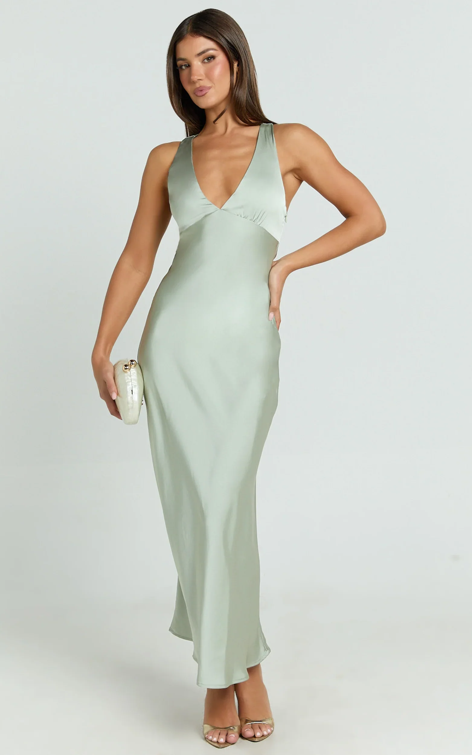 Khalani Midi Dress - Deep V Neck Satin Slip Dress in Sage