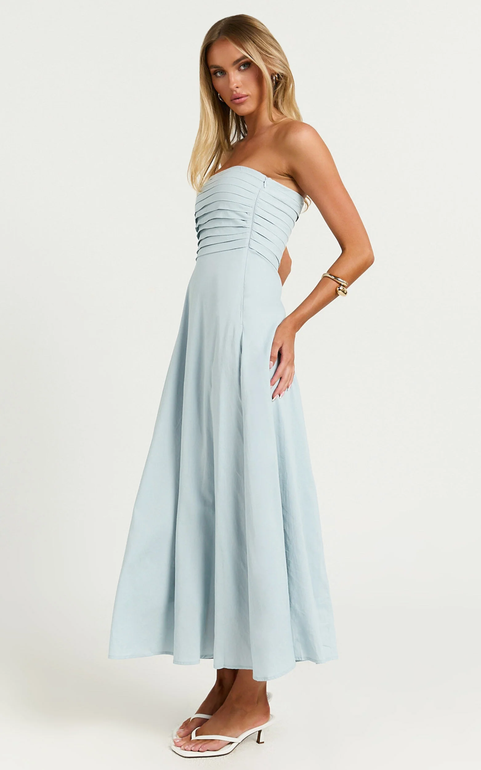 Barbra Midi Dress - Strapless Ruched Bodice Dress in Blue
