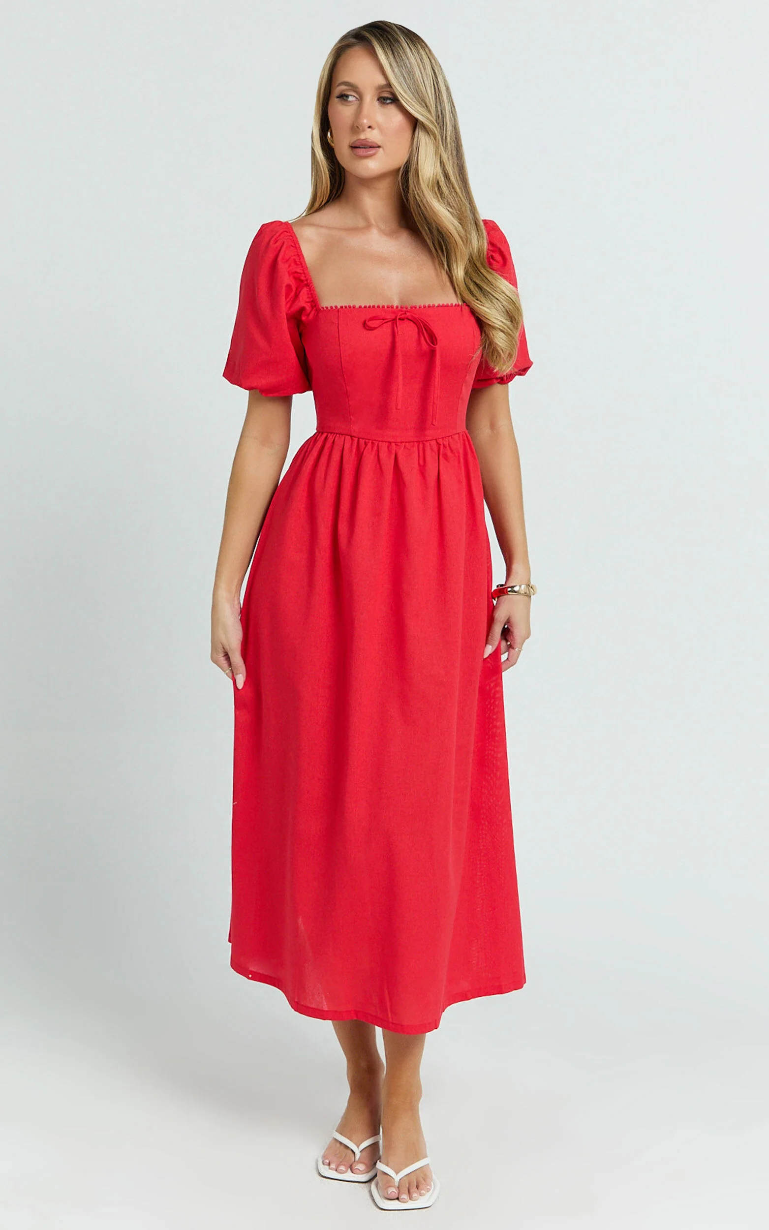 Quinn Midi Linen Dress - Puff Sleeve Square Neck Dress in Red