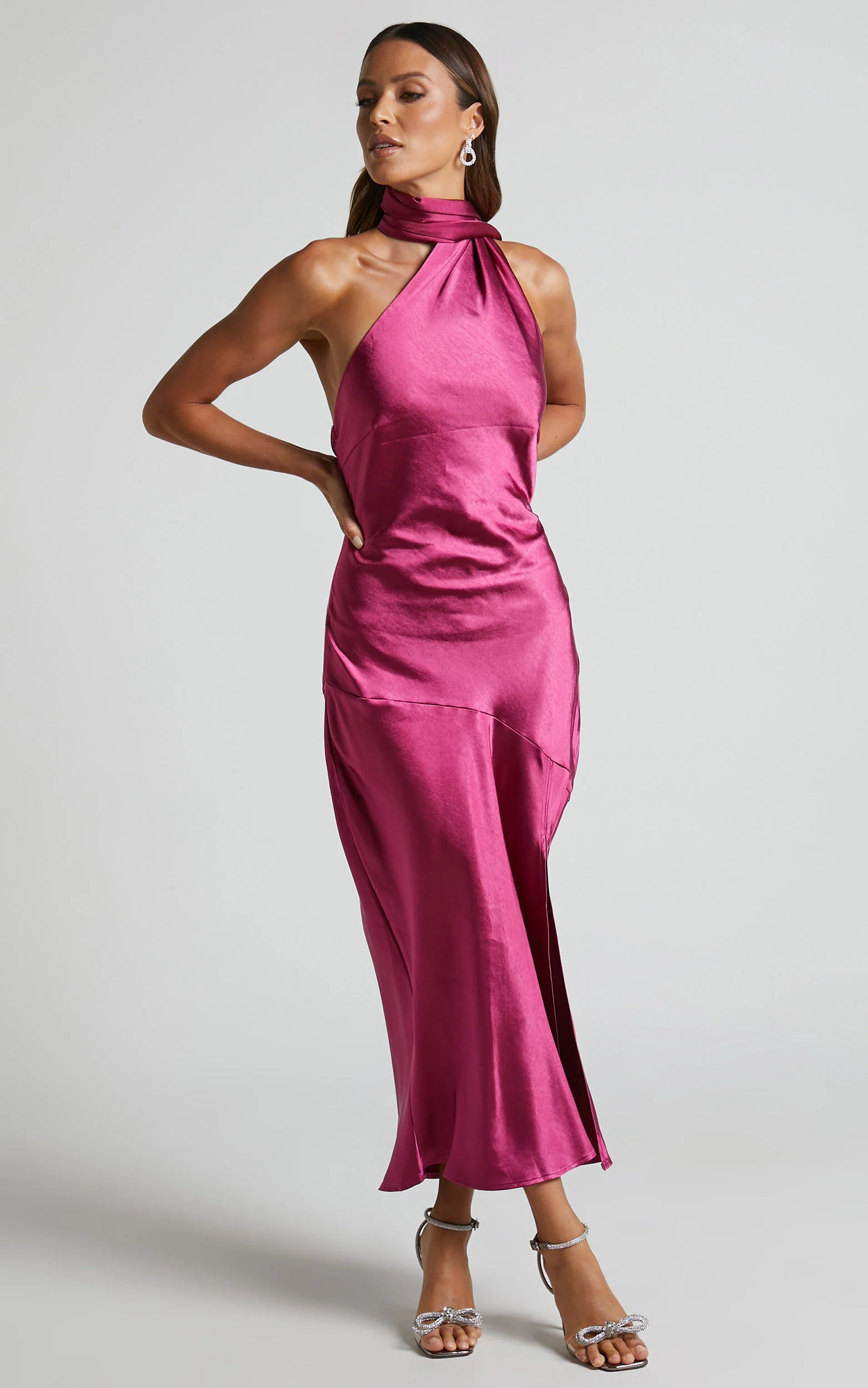 Evana Midi Dress - High Asymmetrical Neck Satin Slip Dress in FUSCHIA