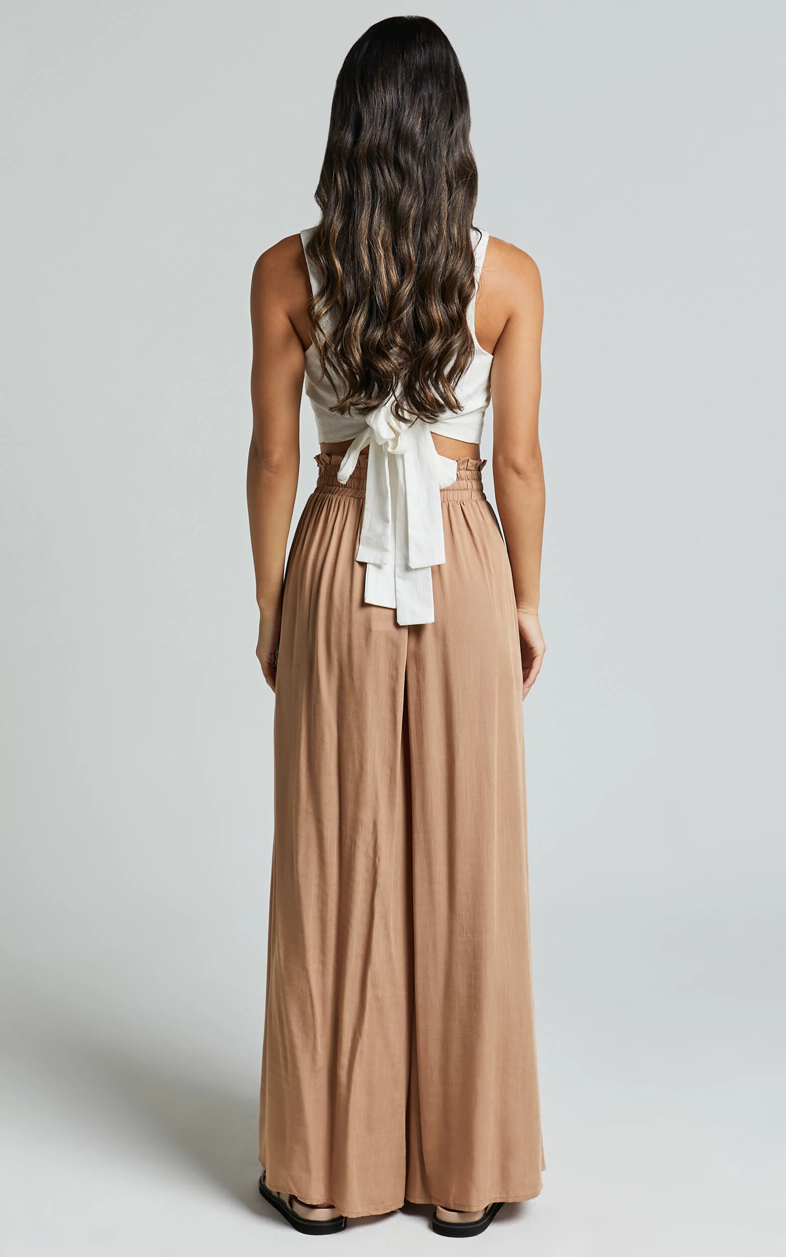 Hany Pants - High Waist Drawstring Wide Leg Pants in Latte