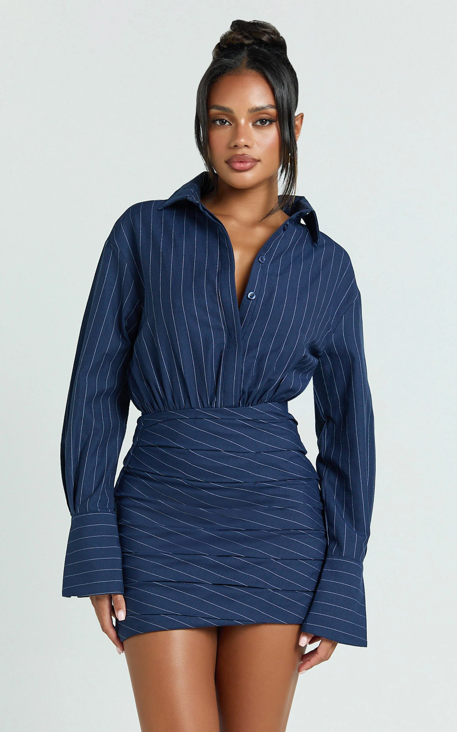 Elliot Mini Dress - Long Sleeve Pinstripe Shirt Dress in Navy Stripe