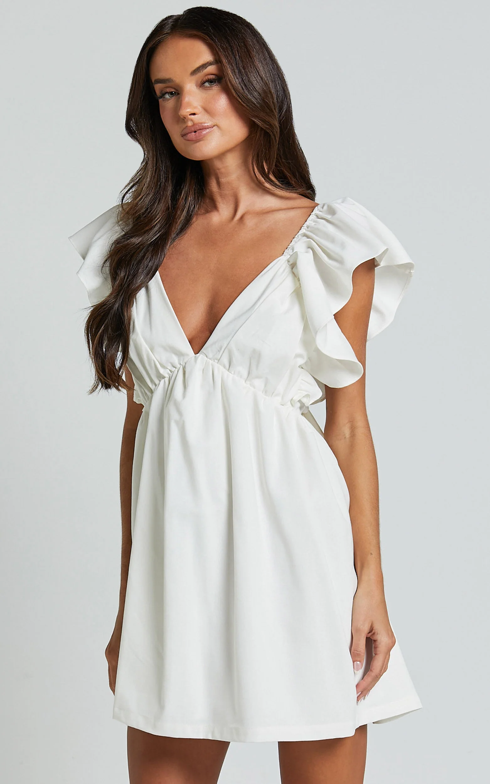 Raiza Mini Dress - Ruffle Sleeve Tie Back Plunge Dress in Off White