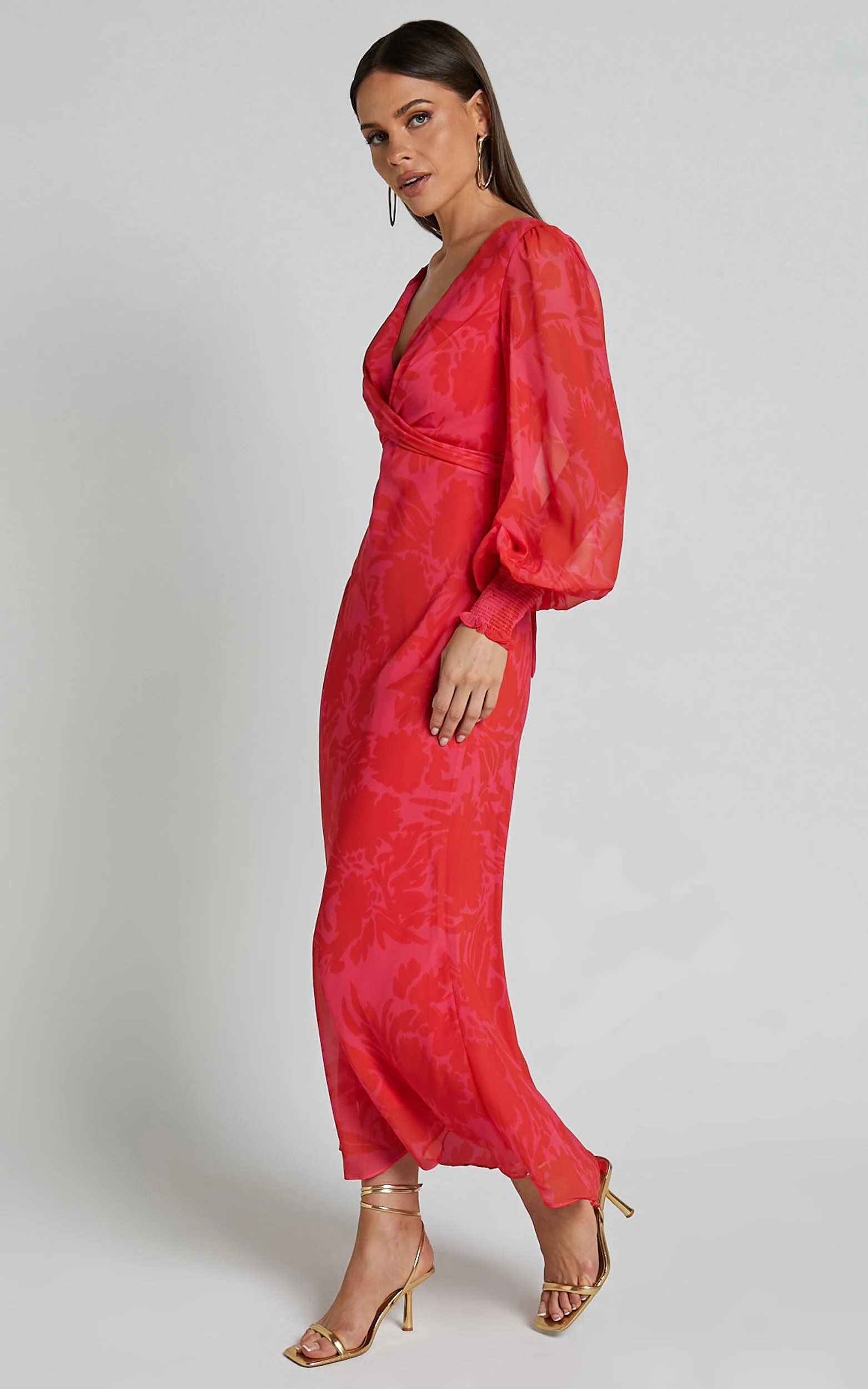 Claude Midi Dress - Deep V Neck Long Sleeve Slip Dress in Print