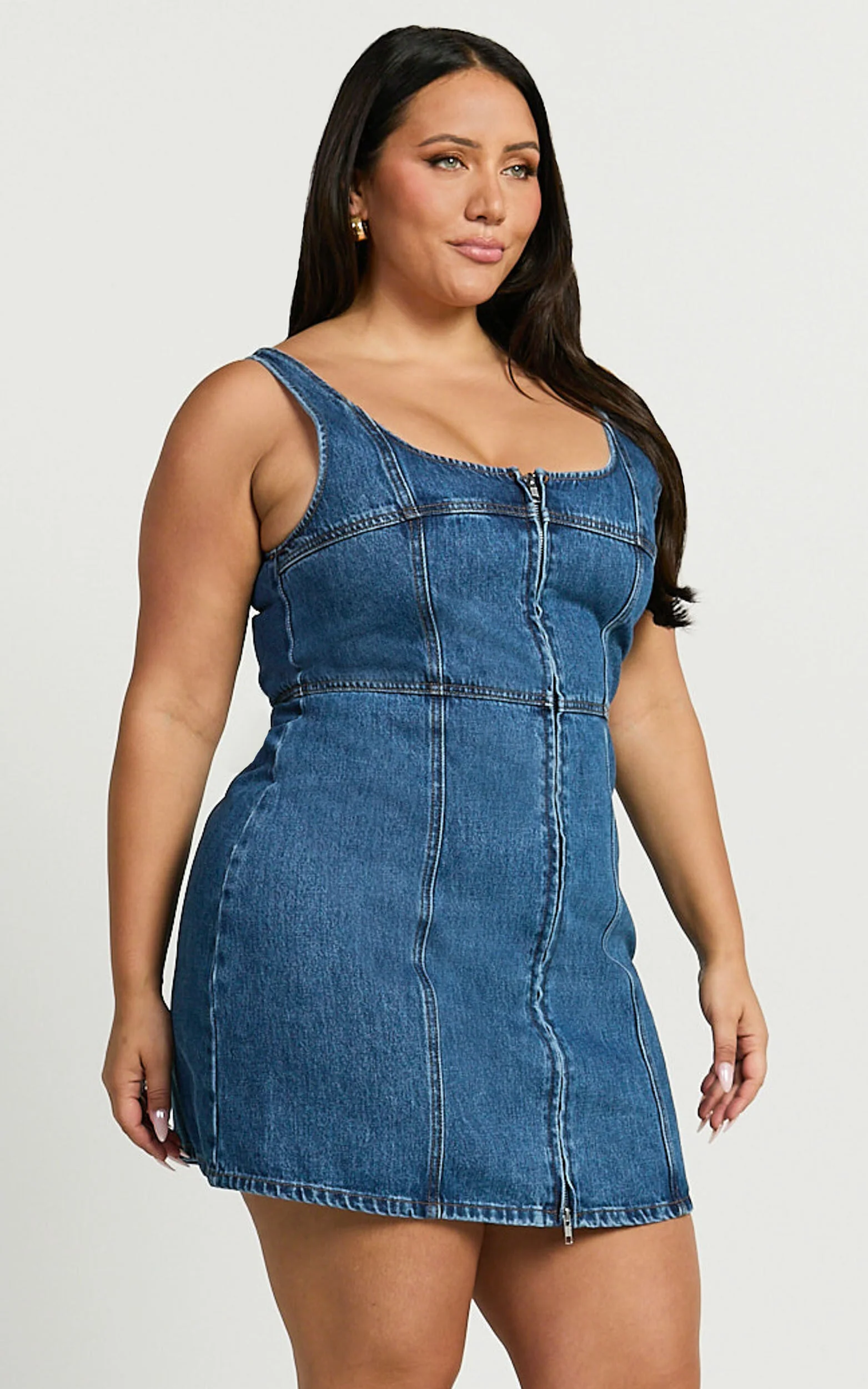 Chrysoula Mini Dress - Square Neck Zip Front Sleeveless Bodycon Denim in Mid Blue Wash