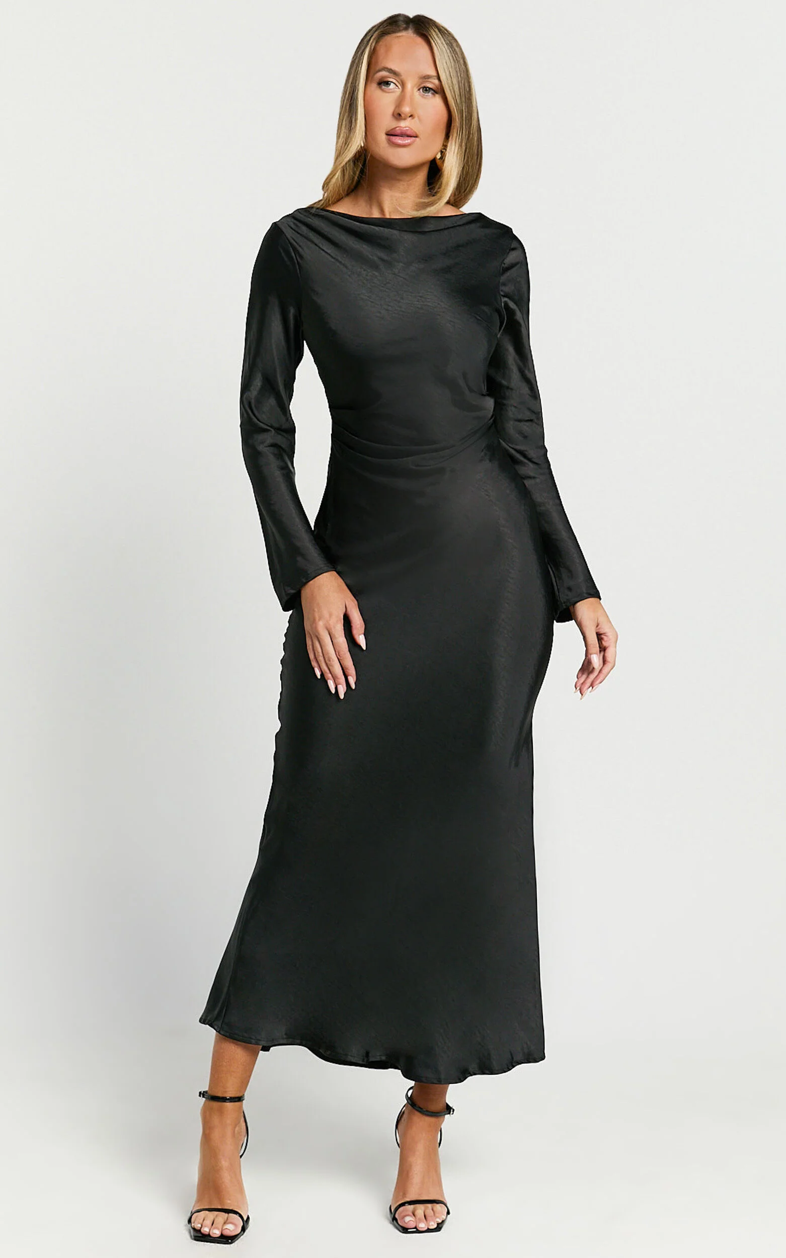 Arriana Midi Dress - Long Sleeve Cowl Back Satin Dress in Black