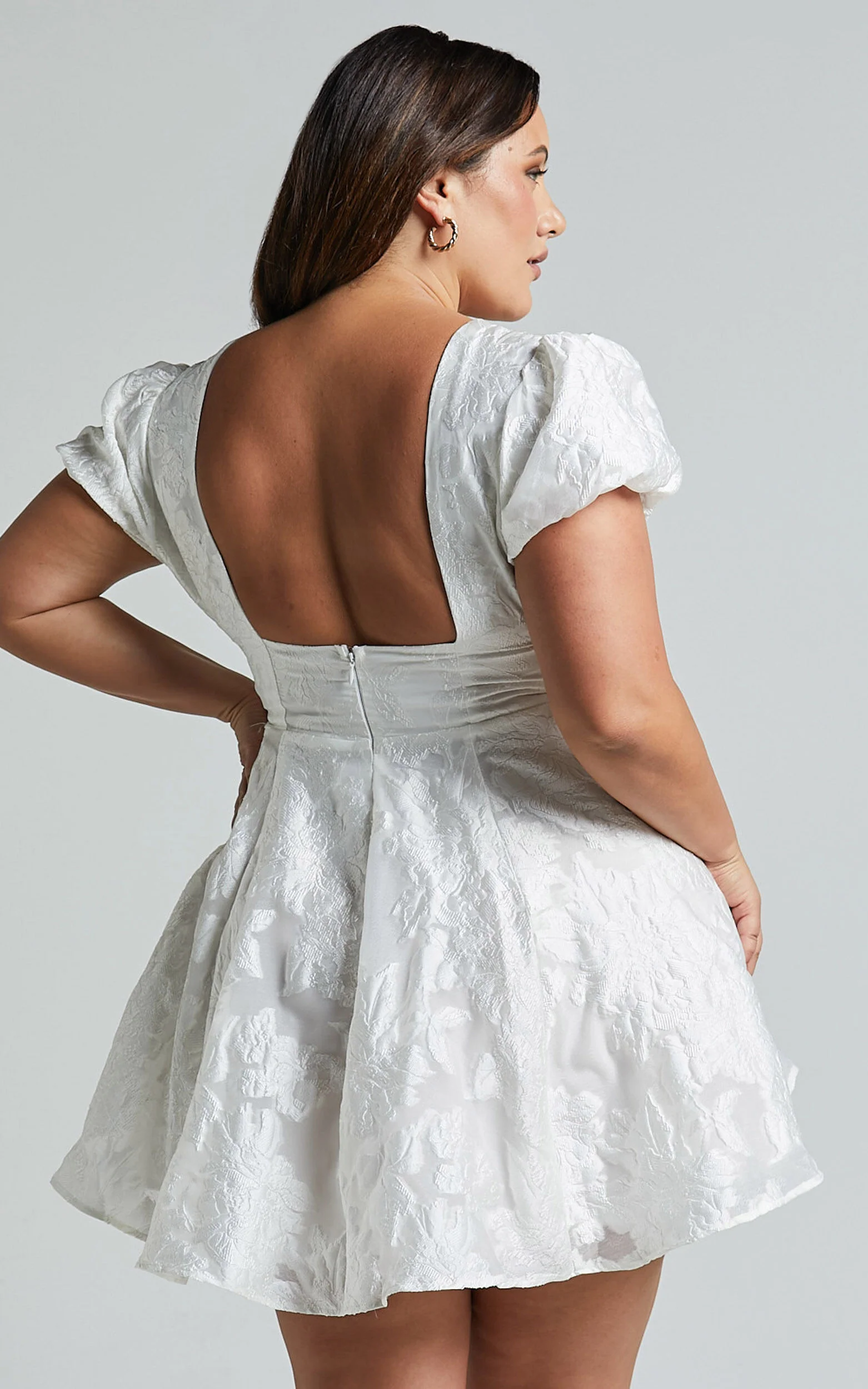 Brailey Jacquard Mini Dress - Puff Sleeve Dress in White