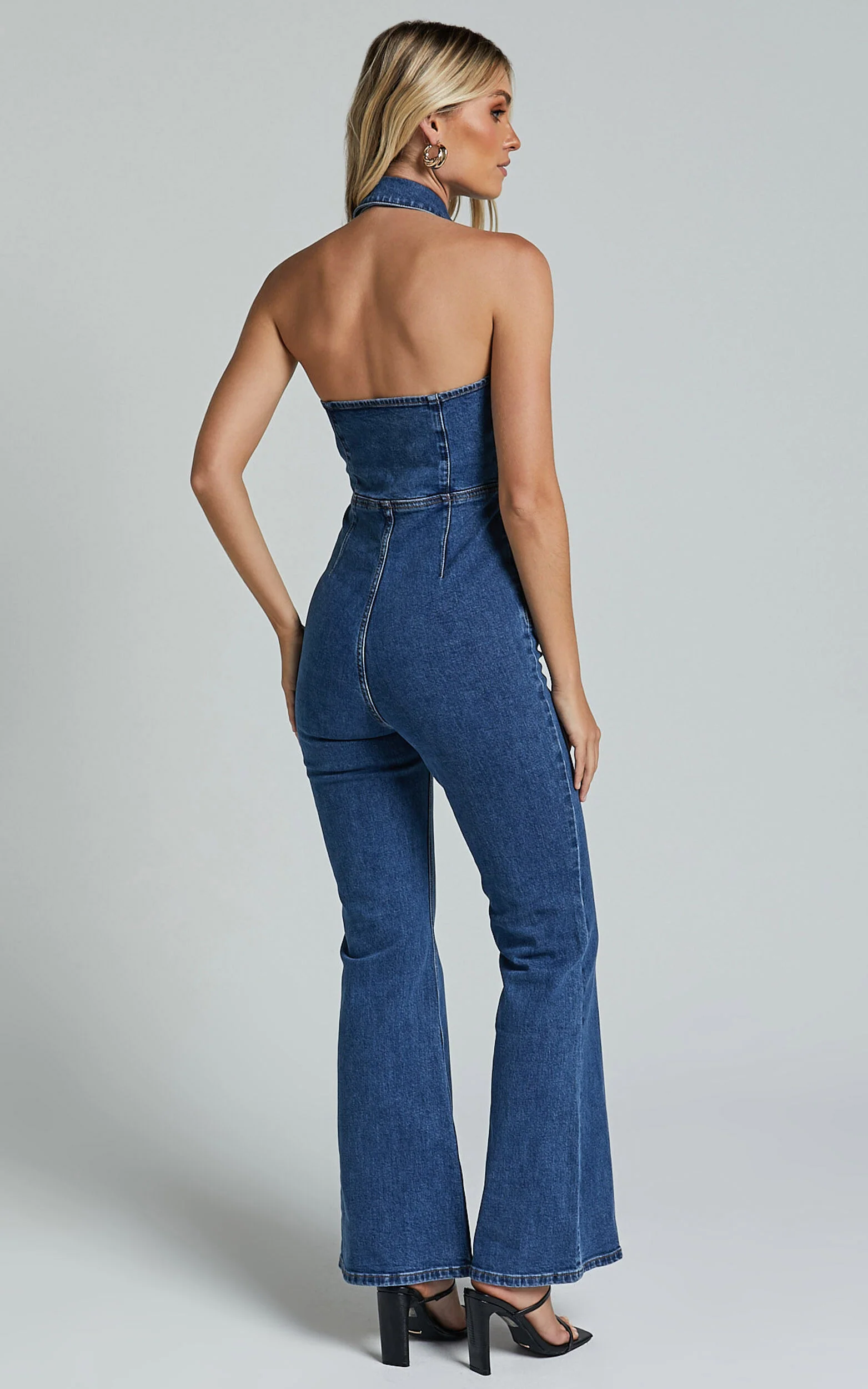 Casidy Jumpsuit - Zip Front Collared Halter Neck Denim in Mid Blue Wash