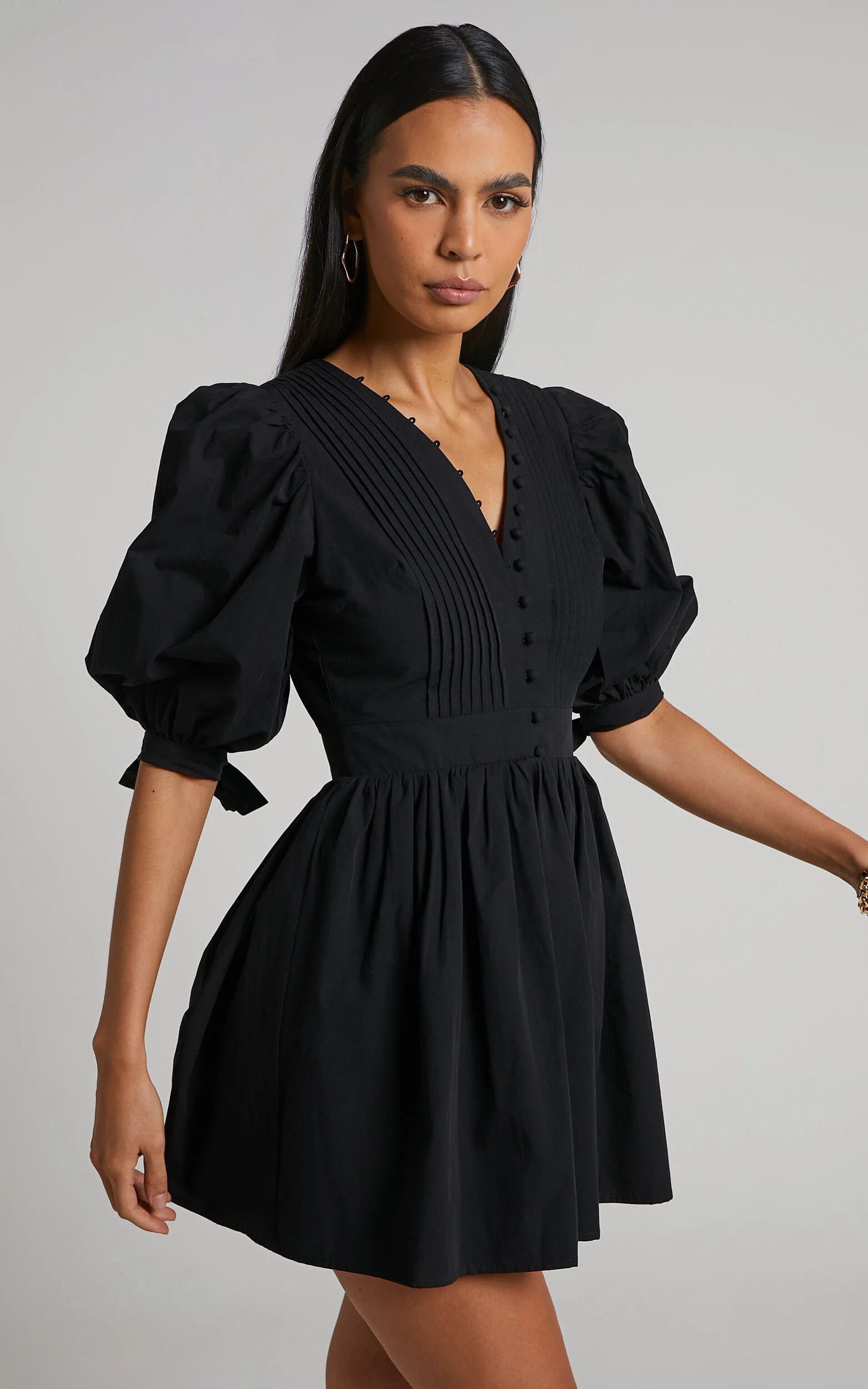Zandra Mini Dress - Puff Sleeve Poplin Dress in Black