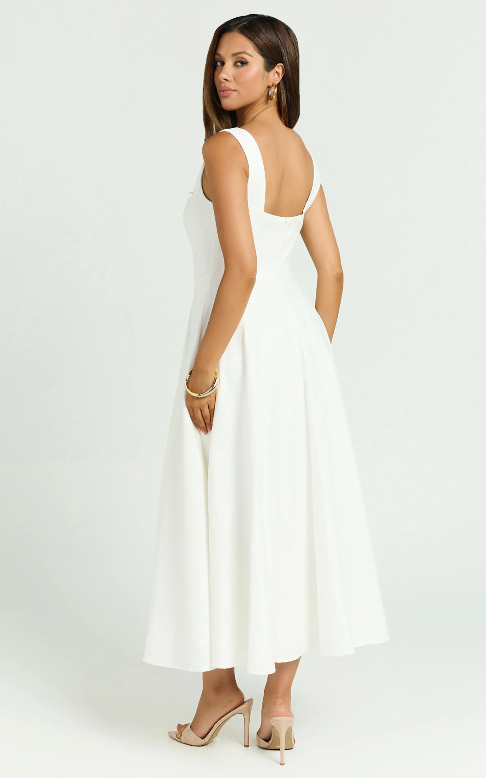 Bernie Midi Dress - Square Neck Strapped Full Circle Skirt Dress in White