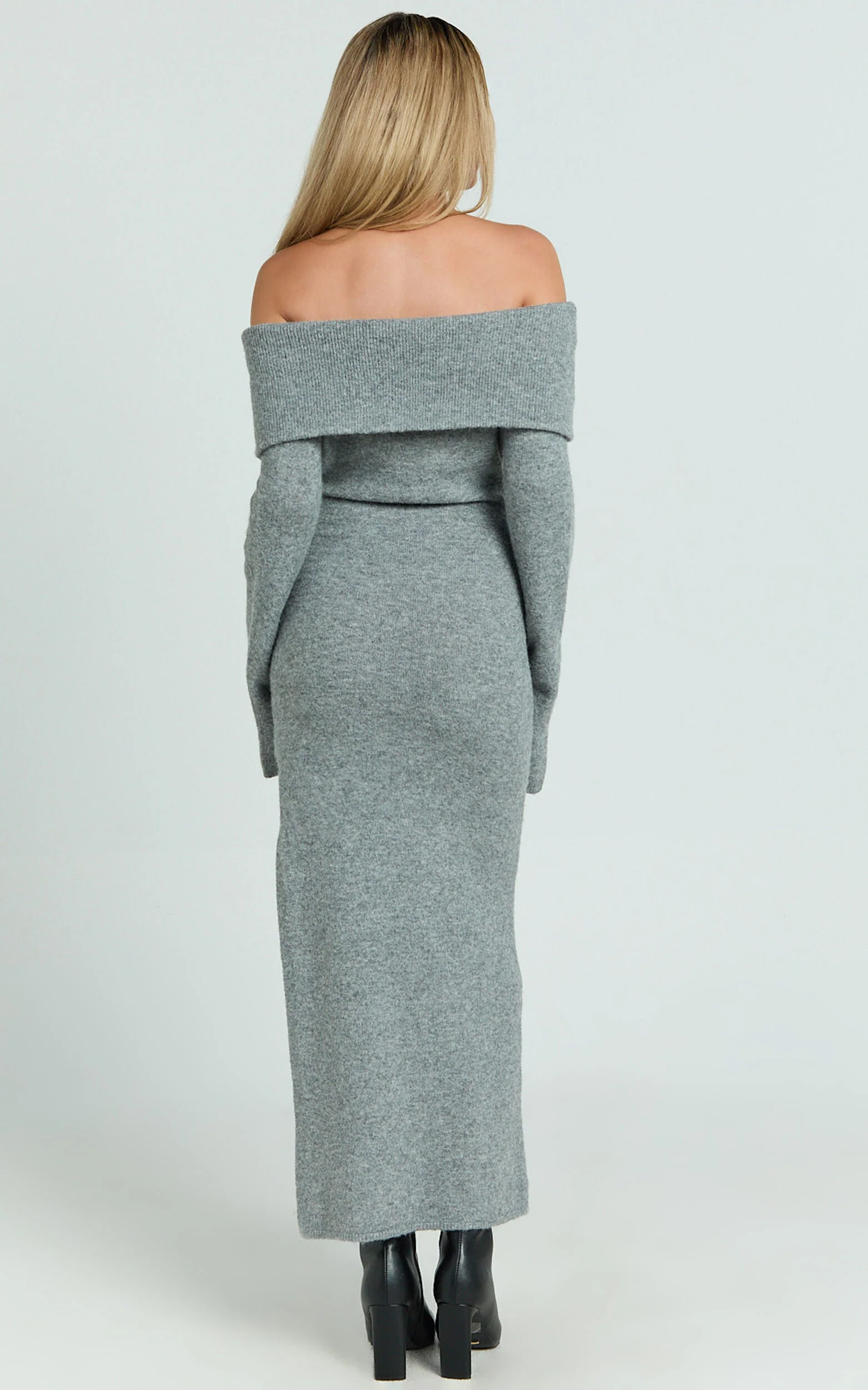 Darcie Midi Dress - Off Shoulder Knitted Long Sleeve Dress in Grey Marle