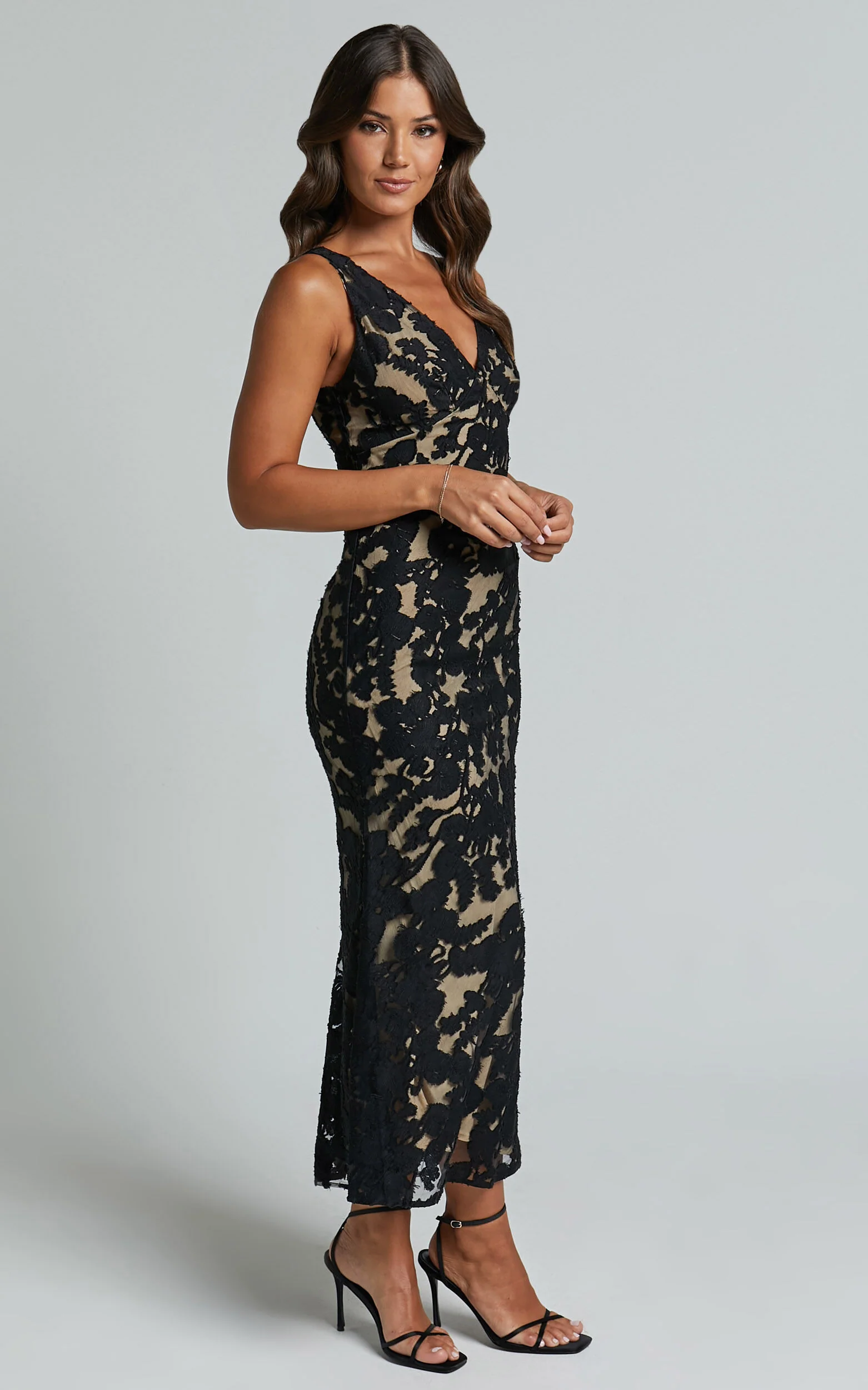 Zymae Midi Dress - Deep V Neck Lace Slip Dress in Black