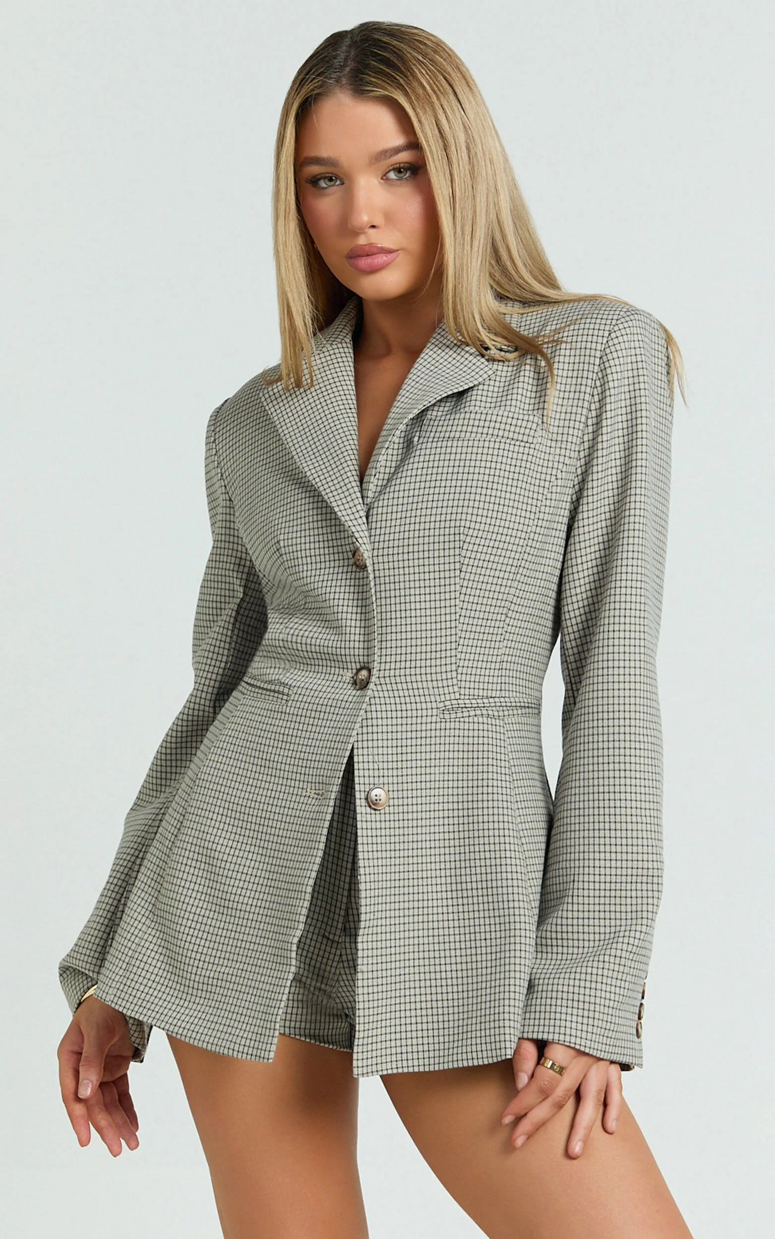 Angela Blazer - Fitted Cinched Waist Blazer in Beige Check