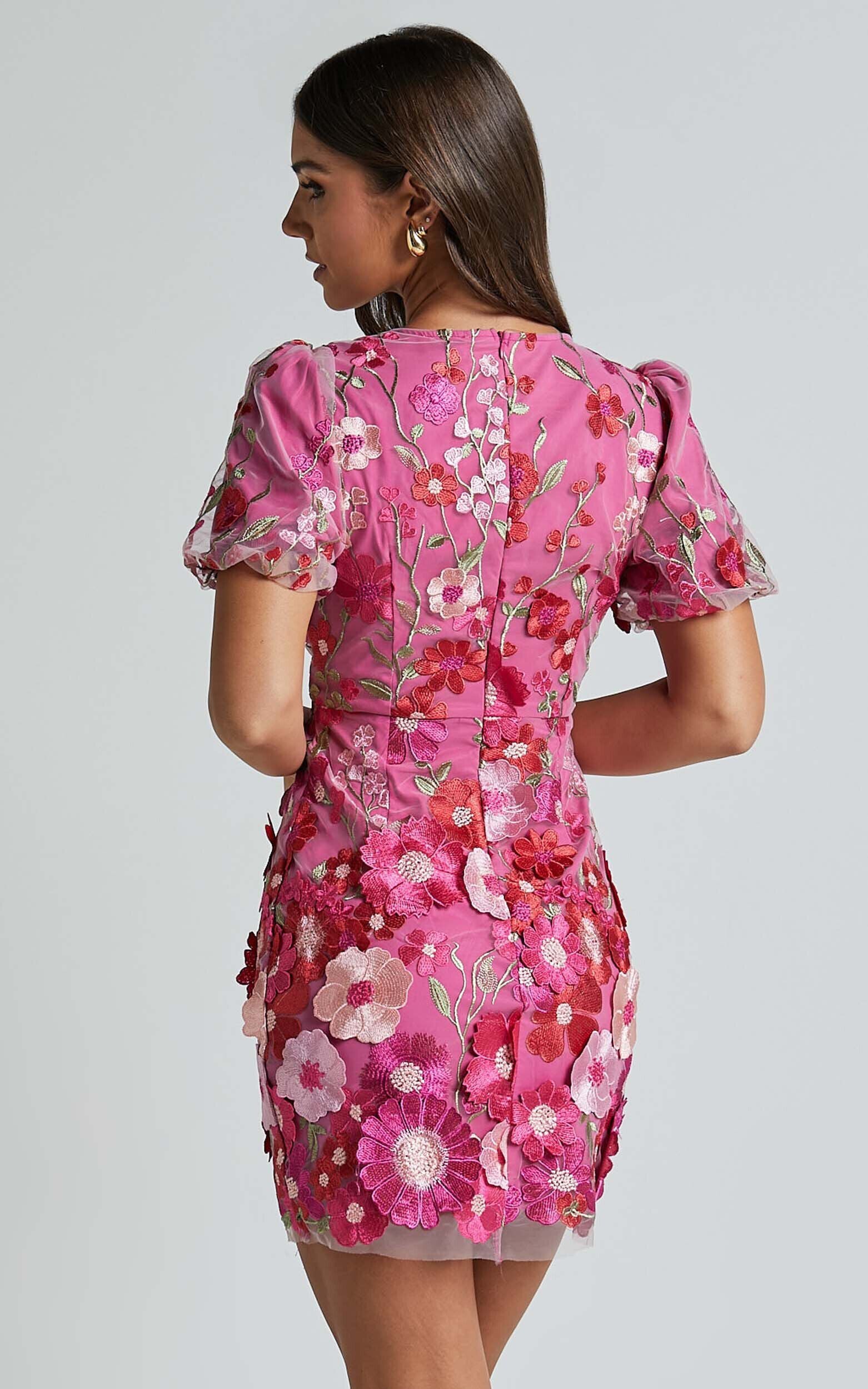 Wren Mini Dress - Puff Sleeve Bodycon 3d Garden Flowers Dress in Magenta