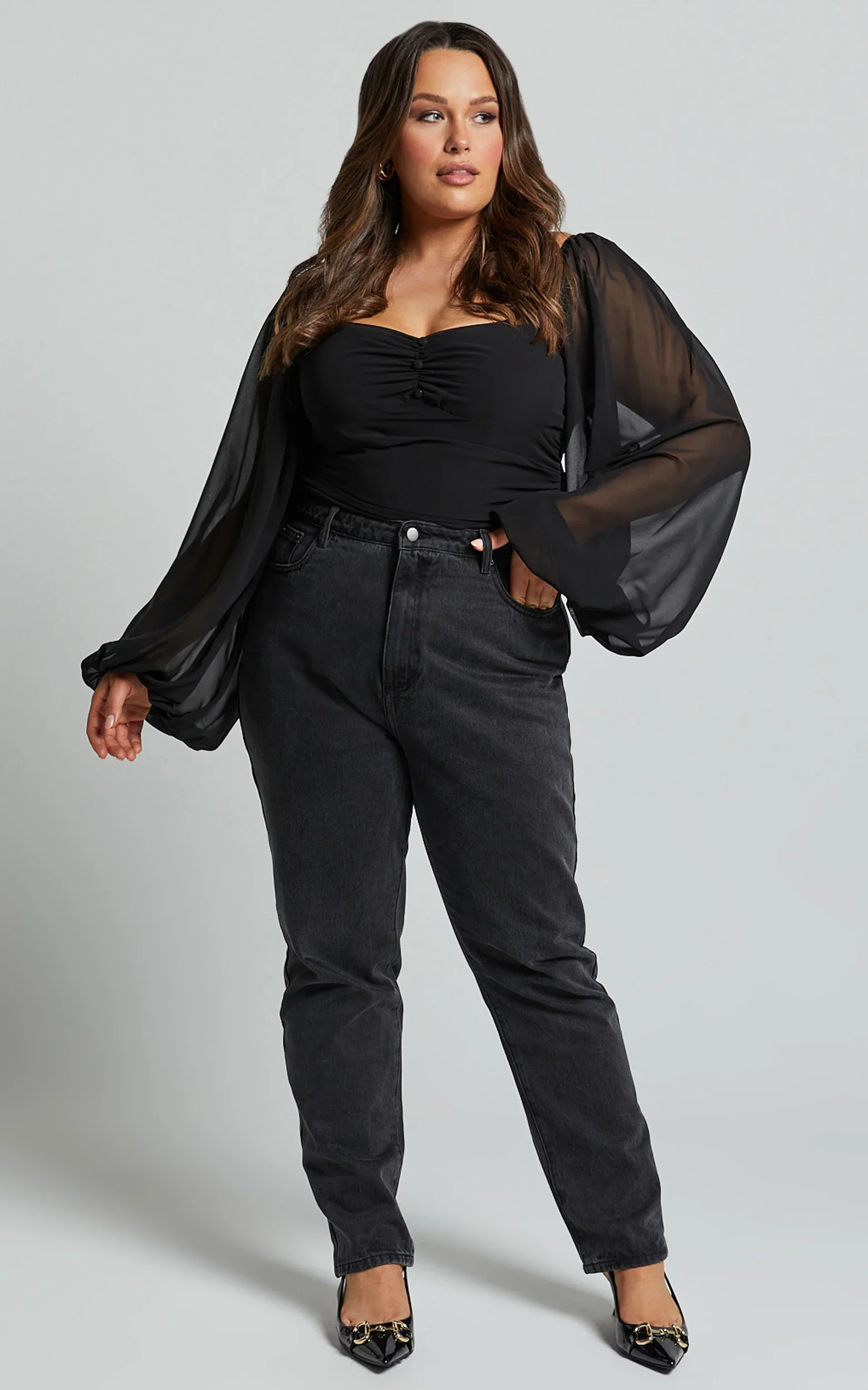Dermot Bodysuit - Balloon Sleeve Bodysuit in Black