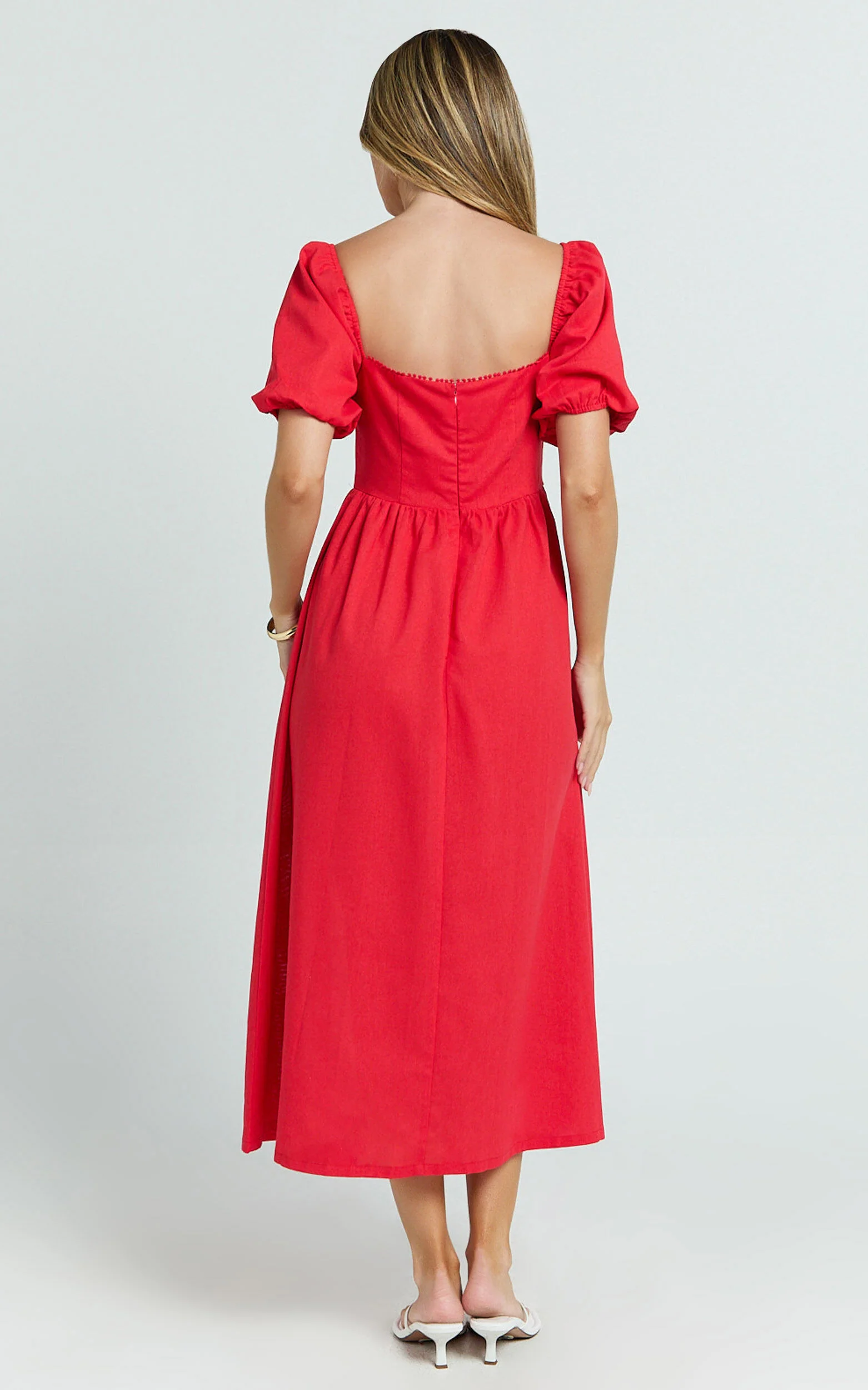 Quinn Midi Linen Dress - Puff Sleeve Square Neck Dress in Red