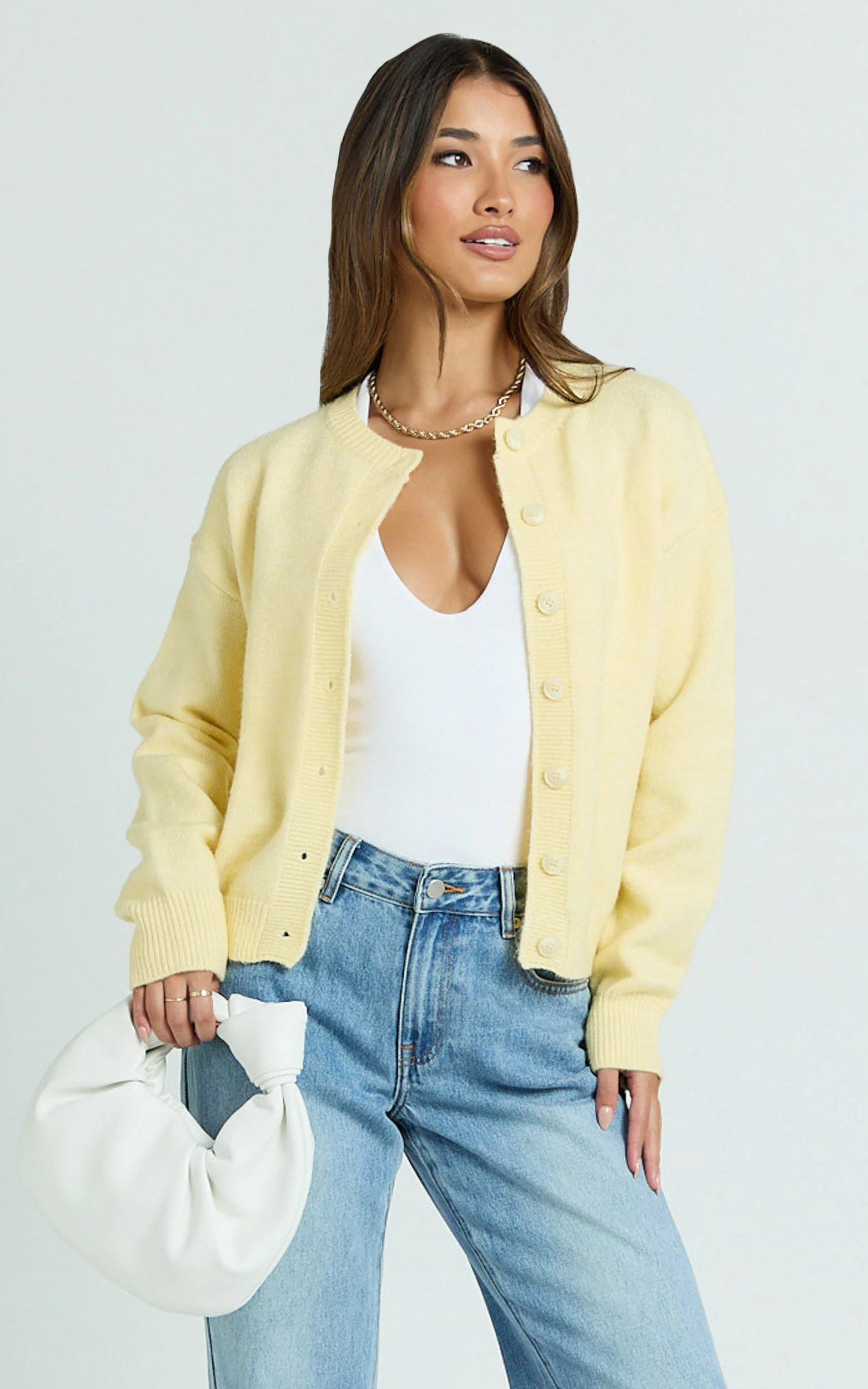 Lucille Cardigan - Button Through Scoop Neck Knit Cardigan in Lemon