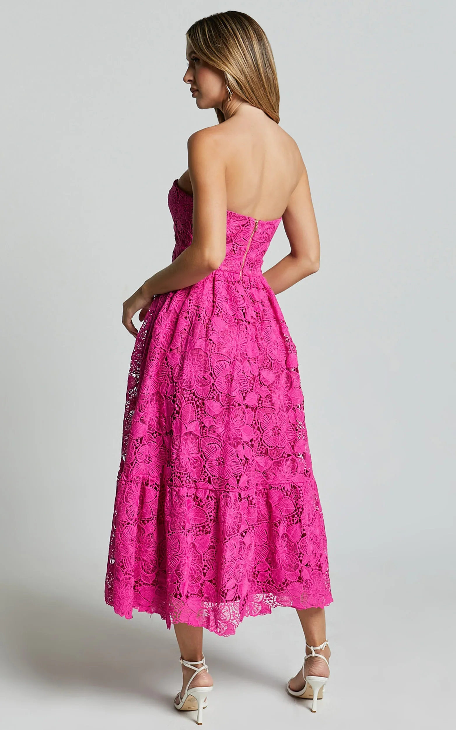 Gabriela Midi Dress - Strapless Lace Dress in Magenta