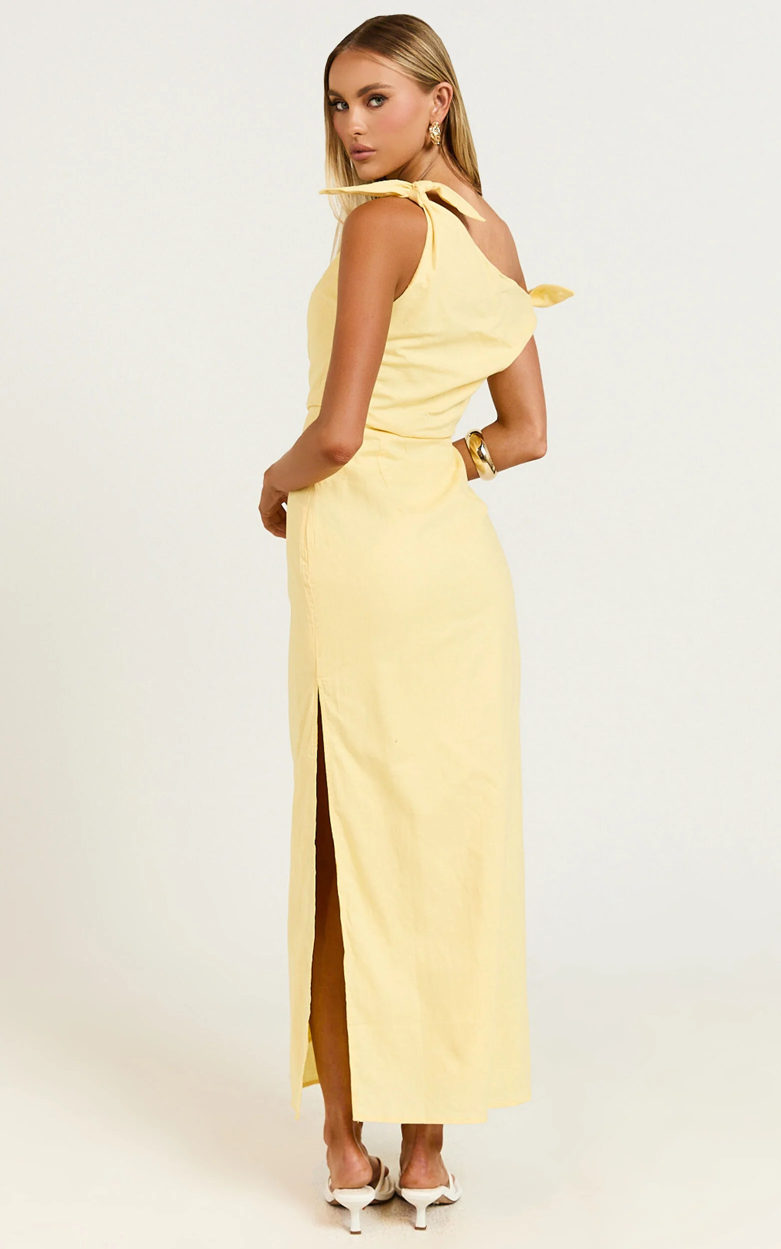 Cincinnati Midi Dress - Off The Shoulder Side Split Column Linen Dress in Lemon