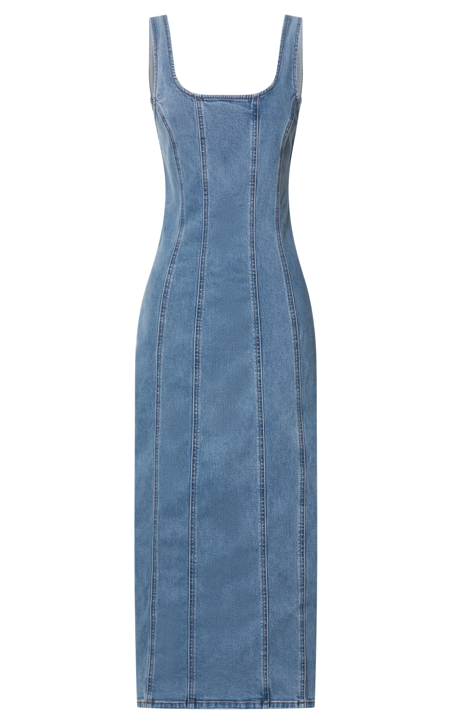Zenith Midi Dress - Wide Strap Panel Detail Recycled Denim Dress in Mid Blue Wash