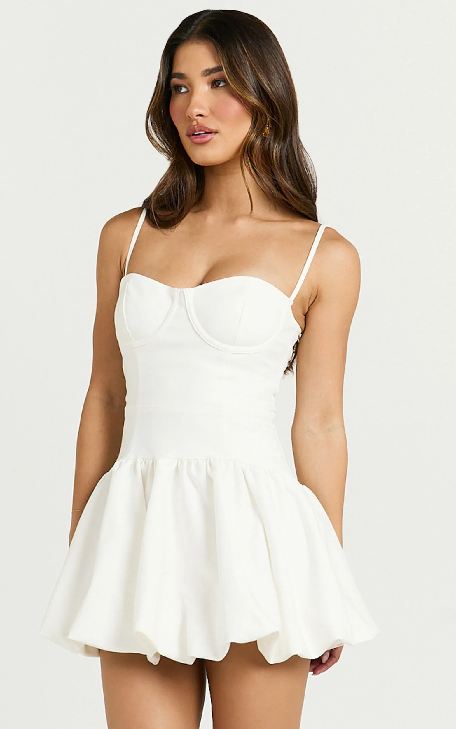 Kacey Mini Dress - Textured Drop Waist Bubble Hem Dress in Off White