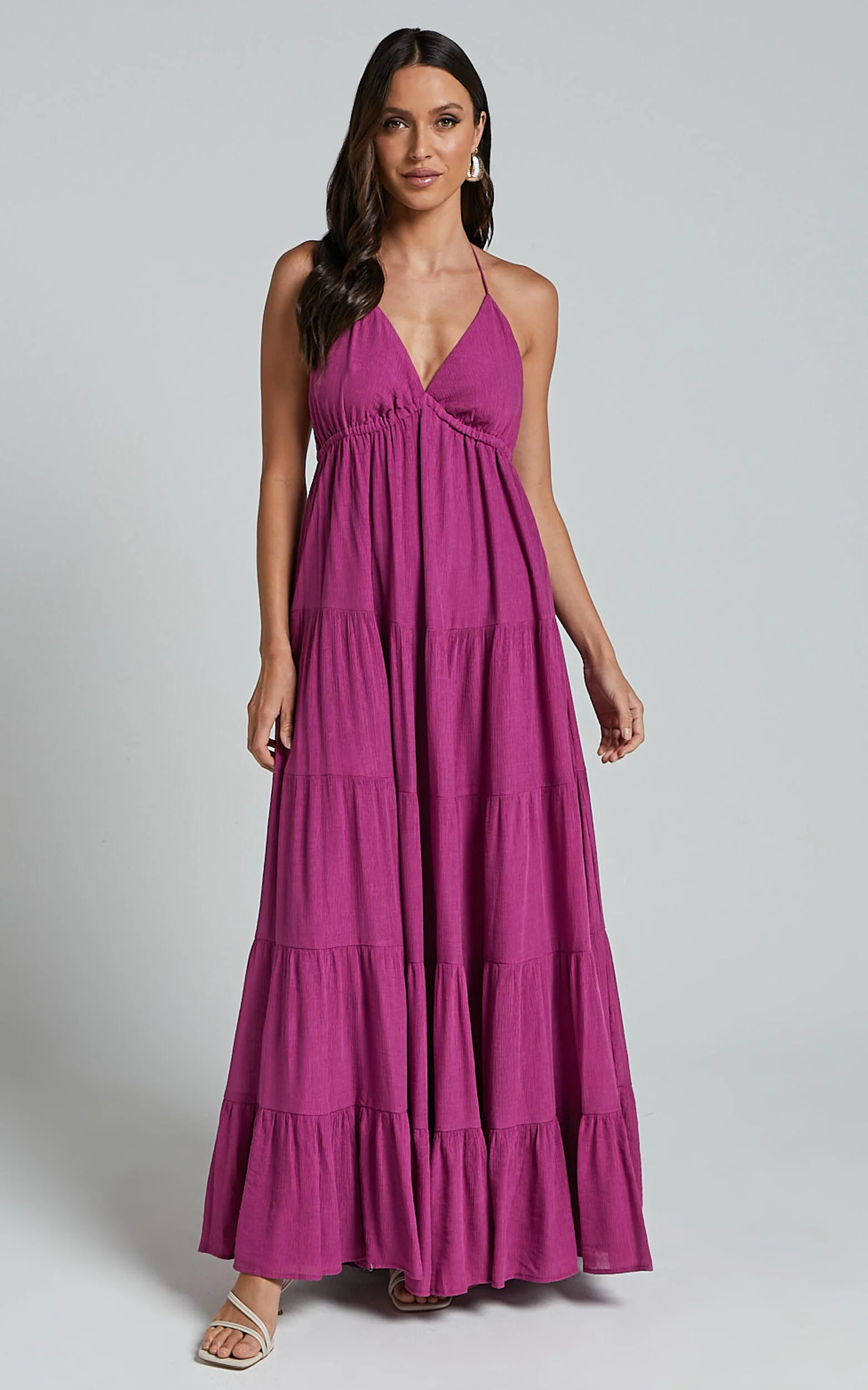 Claudia Maxi Dress - Halter Neck Low Back Empire Waist Tiered Dress in Magenta