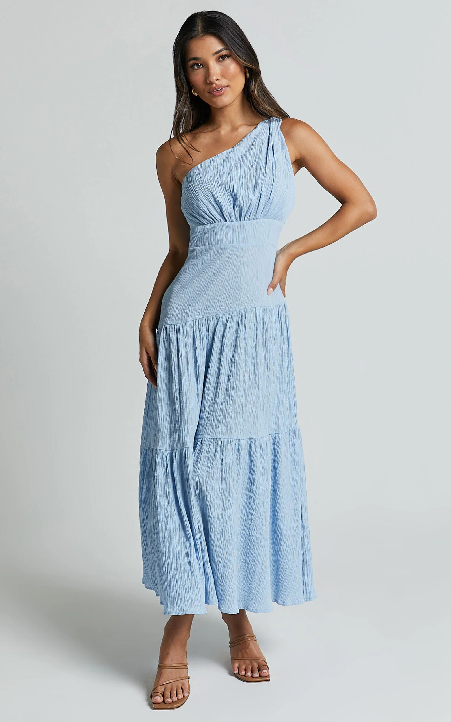 Celestia Midi Dress - Tiered One Shoulder Dress in Soft Blue