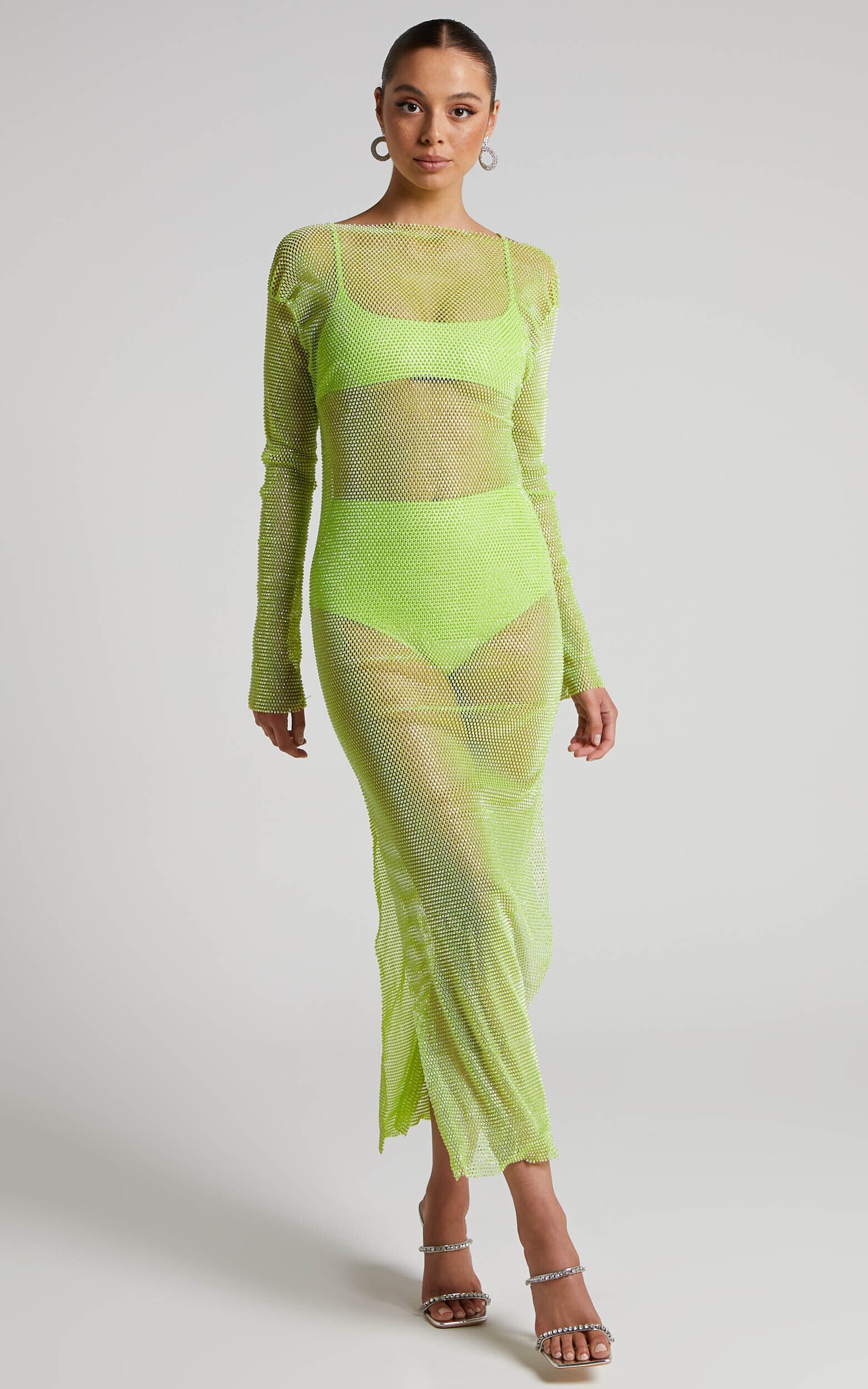 Karmen Midi Dress - Long Sleeve Split Diamante Mesh Dress in Lime