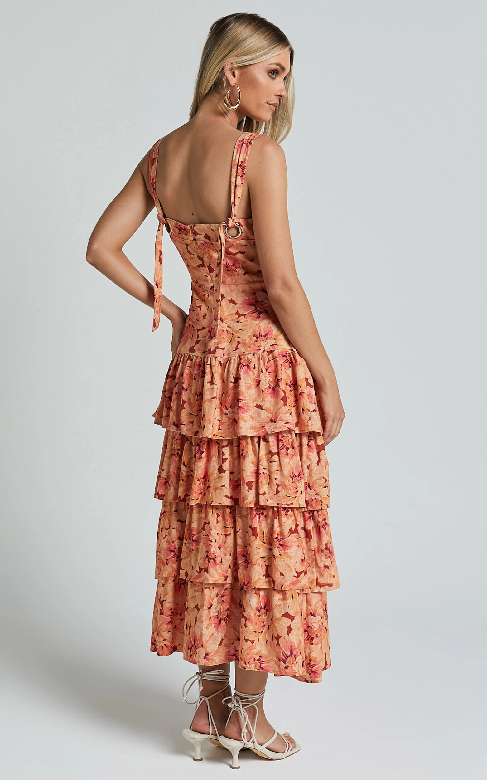 Amalie The Label - Adela Linen Look Blend Tiered Midi Dress in Valencia Print