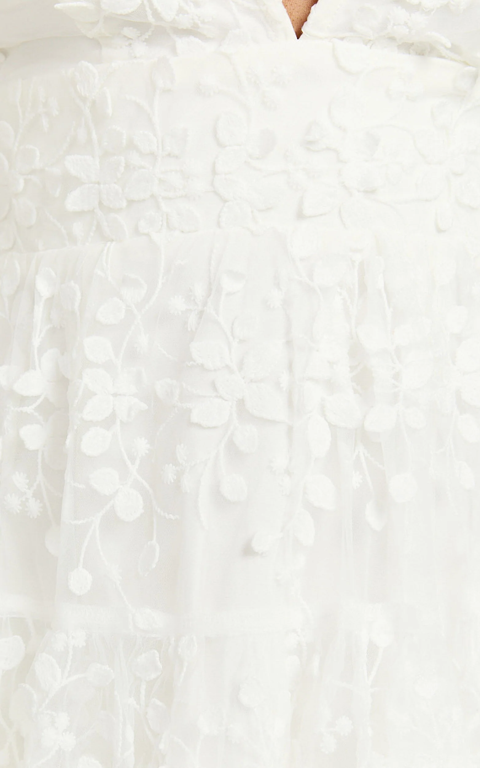 Pamela Mini Dress - Embroidered Plunge Tiered Dress in White