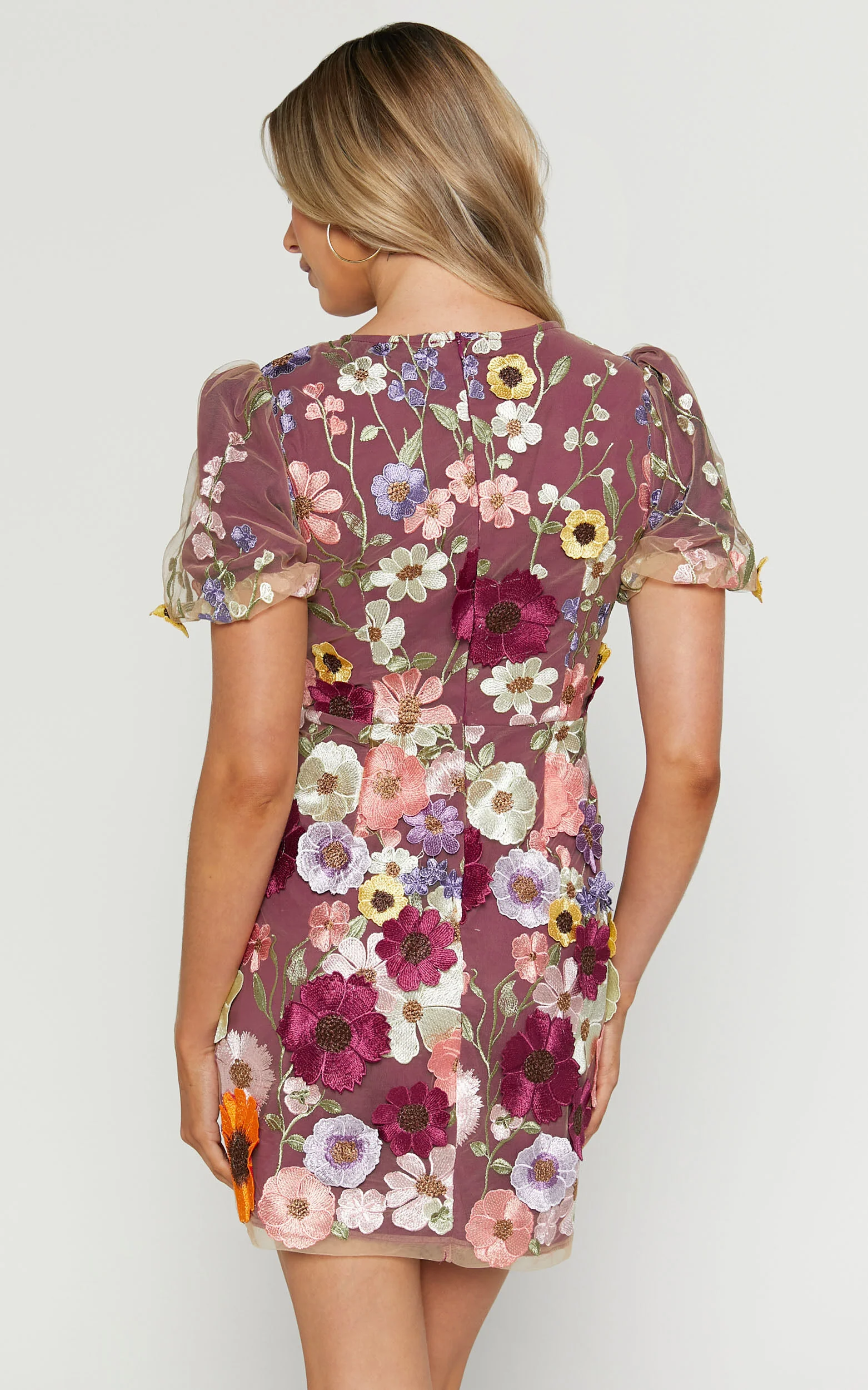 Wren Mini Dress - Puff Sleeve Bodycon 3d Garden Flowers Dress in Burgundy